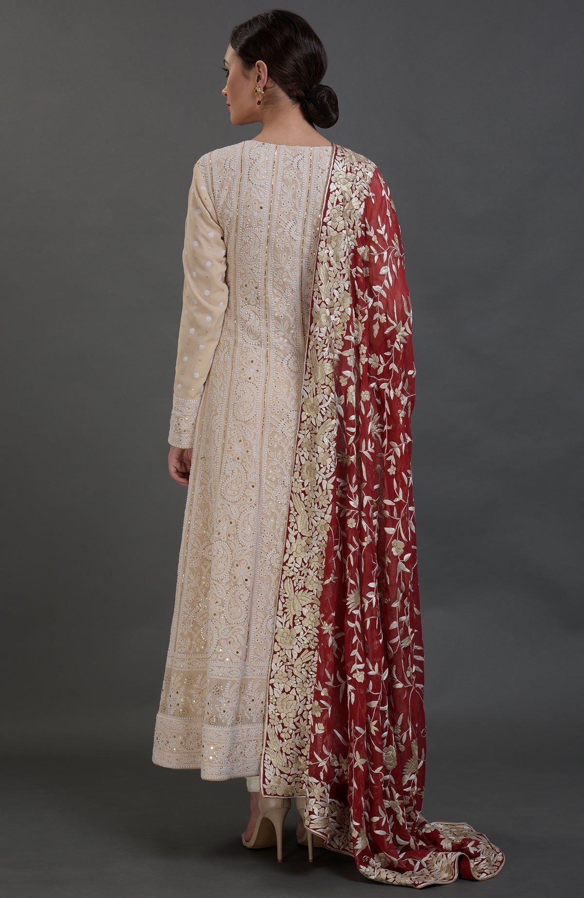 Champagne Chikankari Anarkali suit with gold kamdani work and red Parsi Gara embroidered dupatta.