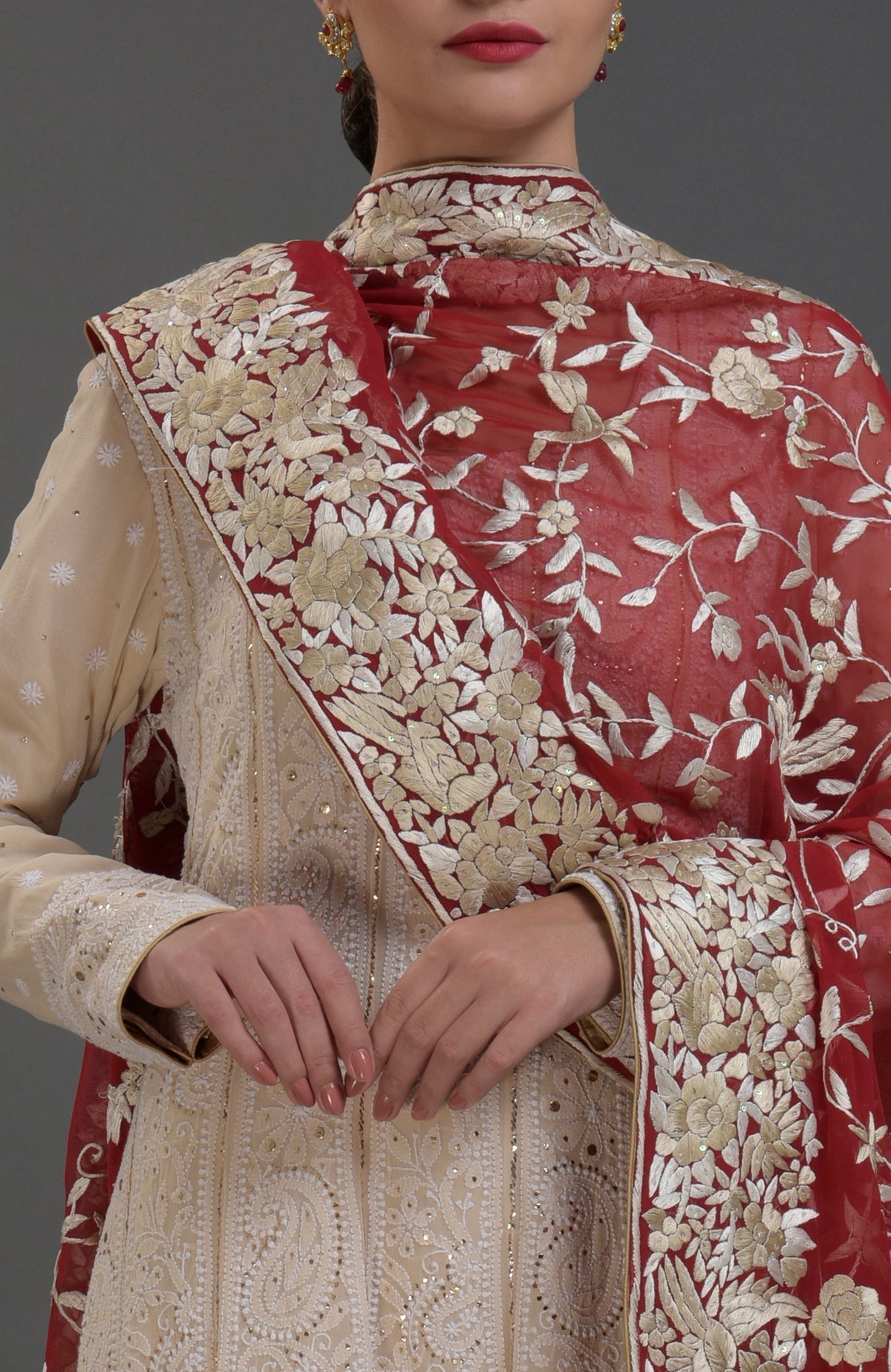 Champagne chikankari Anarkali suit with gold kamdani and red Parsi Gara embroidered dupatta