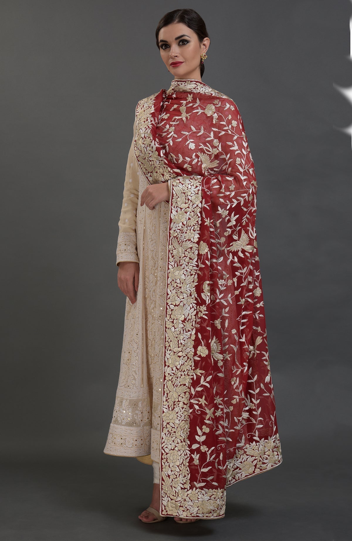 Champagne Anarkali suit with Lucknowi Chikankari and gold kamdani embroidery and red Parsi Gara dupatta