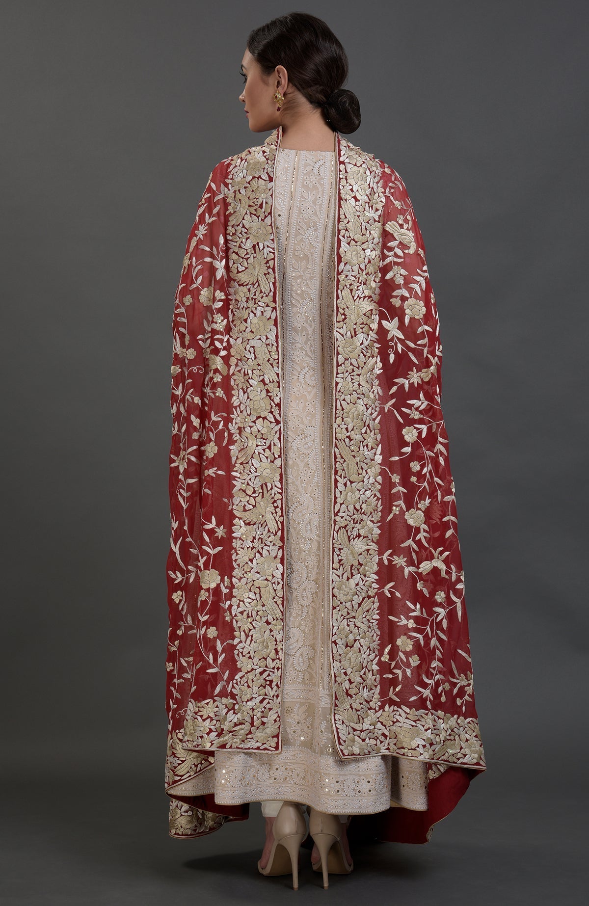 Champagne Anarkali suit with Lucknowi Chikankari and gold kamdani, red Parsi Gara embroidered dupatta.