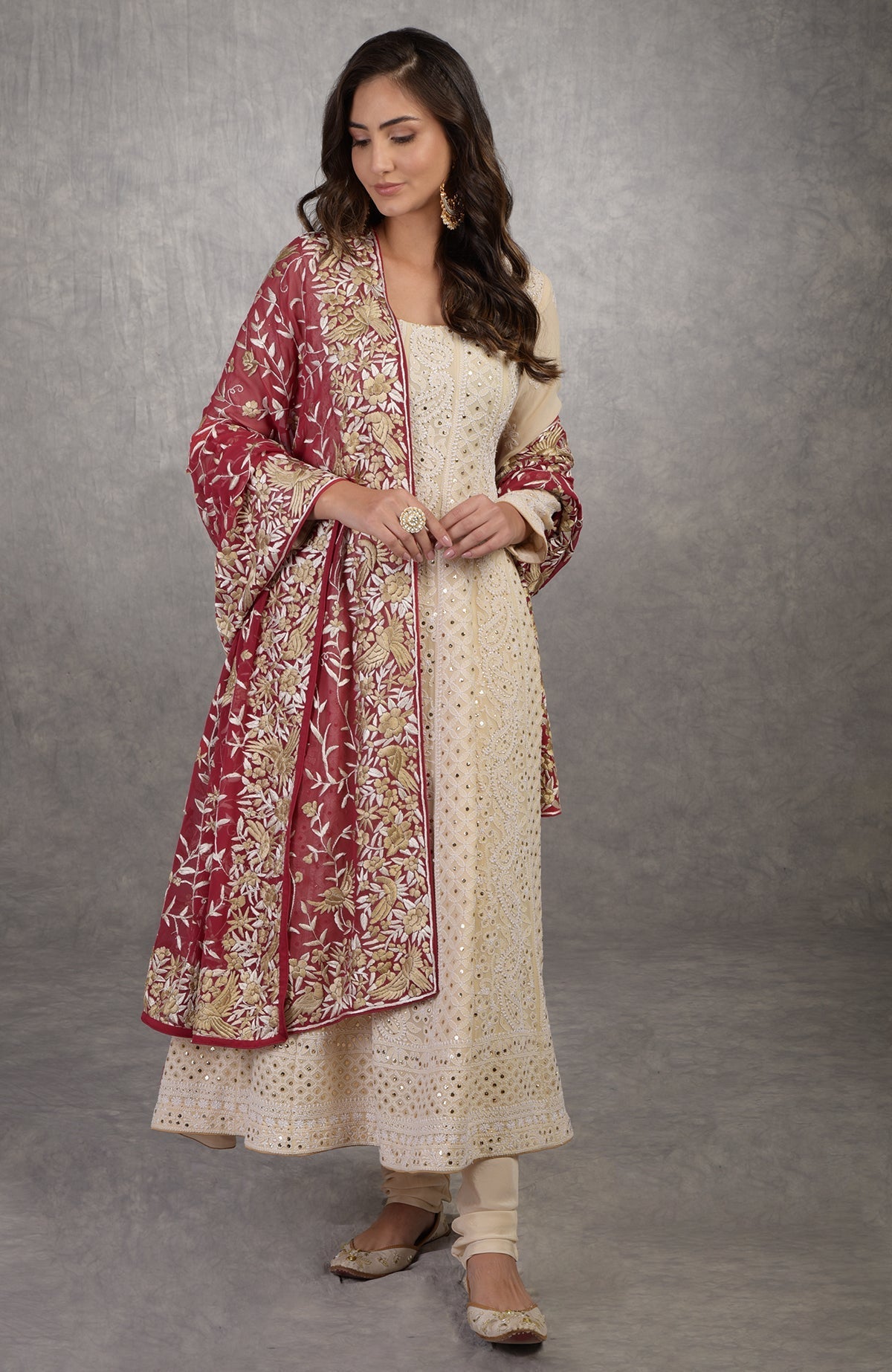Champagne Chikankari Anarkali suit with gold kamdani work and red Parsi Gara embroidered dupatta