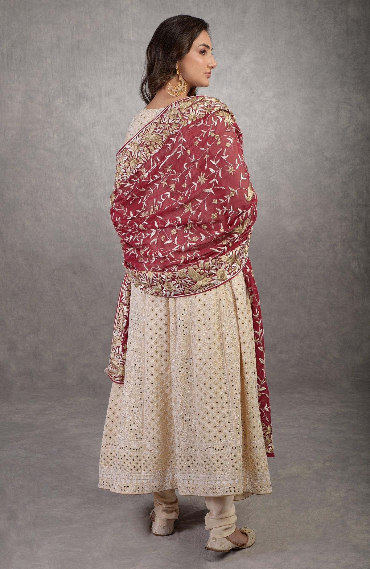 Champagne Chikankari Anarkali suit with gold kamdani work and red Parsi Gara embroidered dupatta
