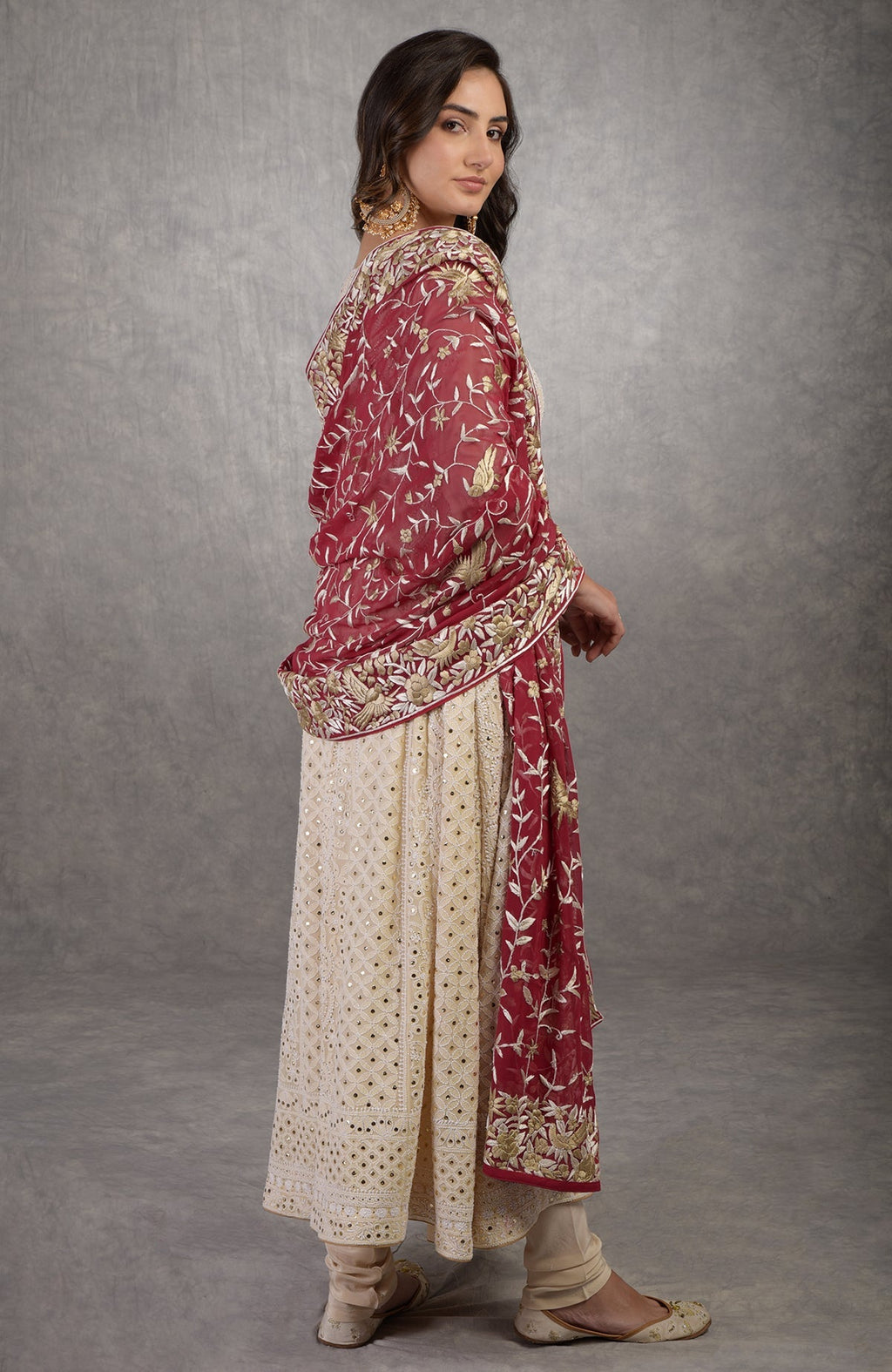 Champagne chikankari Anarkali suit with gold kamdani and red Parsi Gara embroidered dupatta