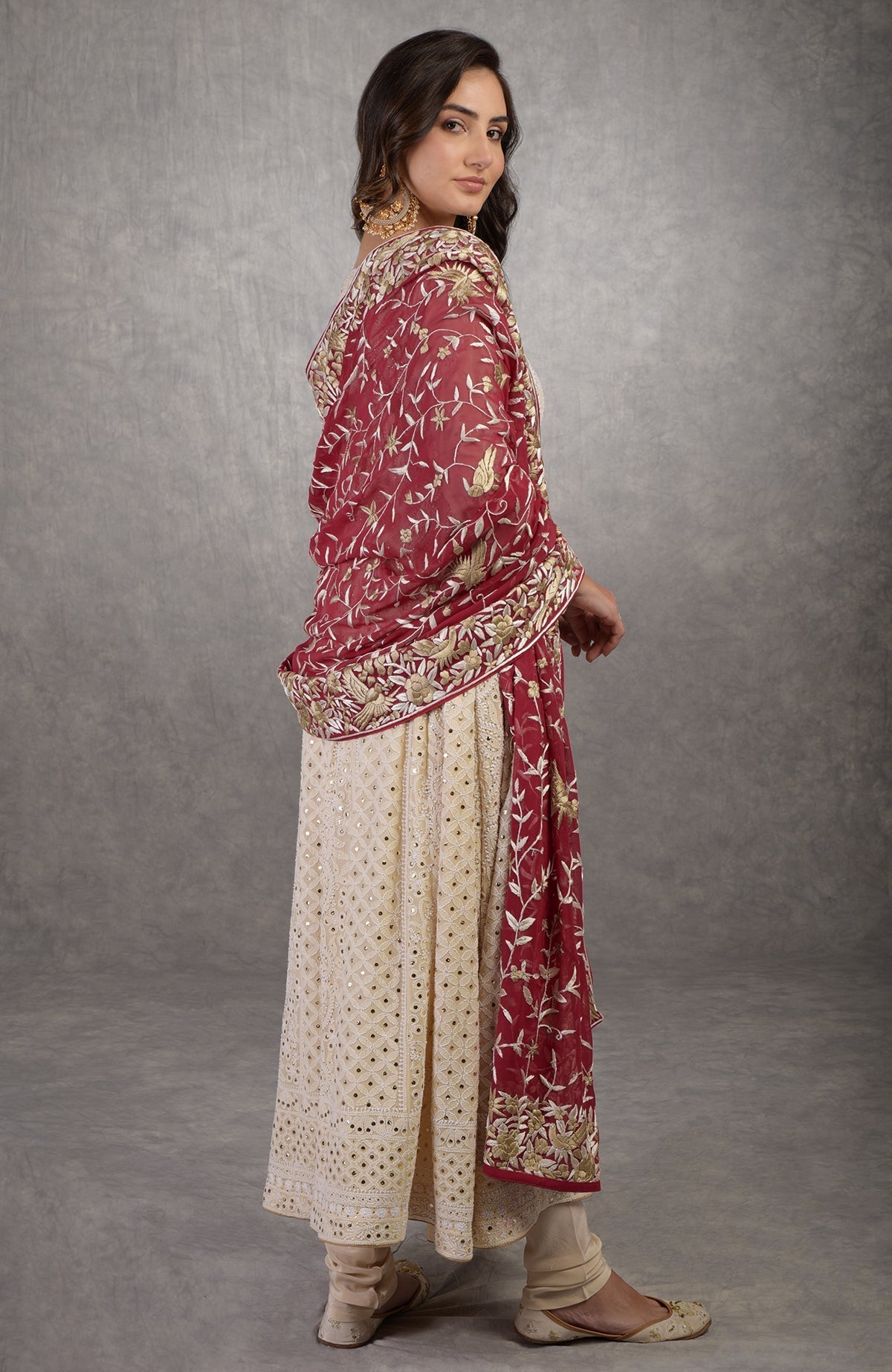Champagne chikankari Anarkali suit with gold kamdani and red Parsi Gara embroidered dupatta