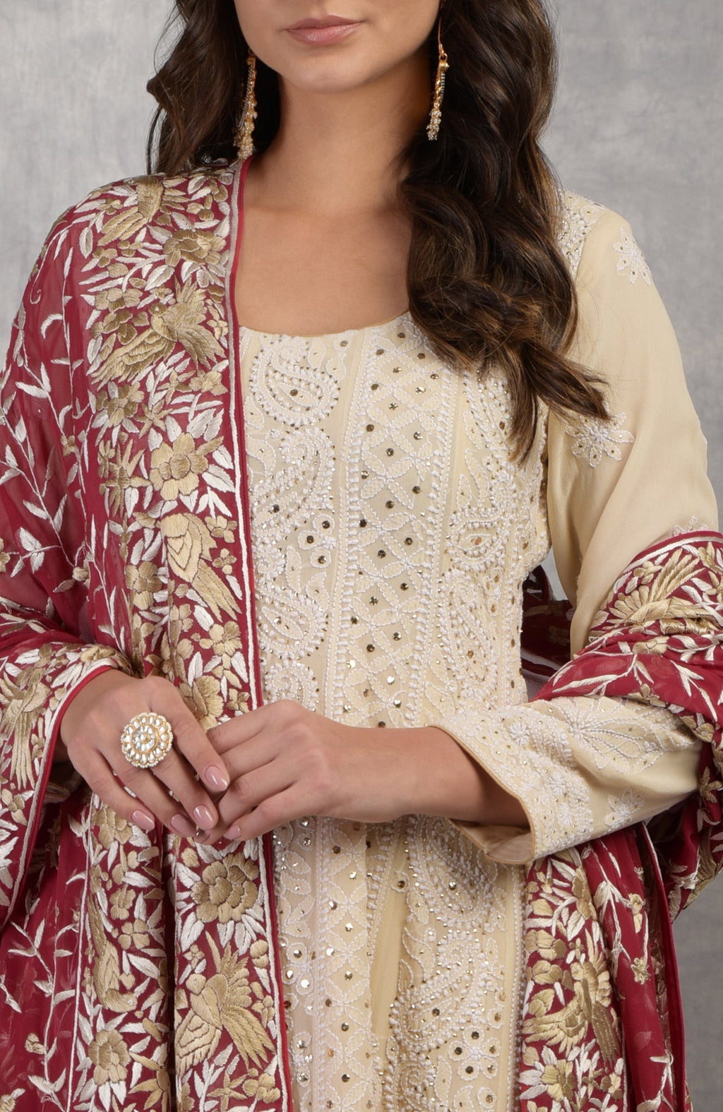 Champagne Anarkali suit with Lucknowi Chikankari and gold kamdani embroidery, red Parsi Gara dupatta