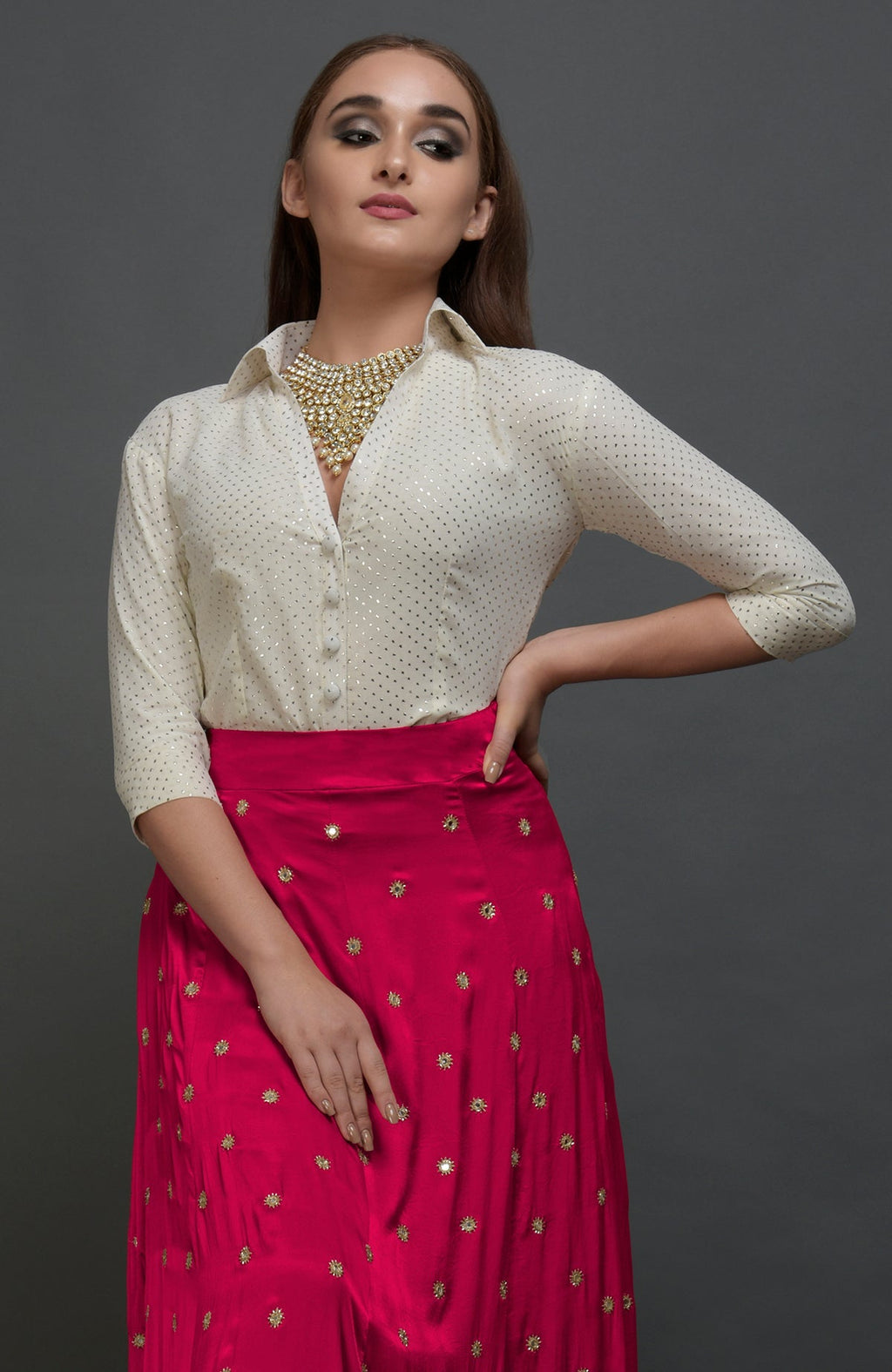 Royal red lehenga skirt with mirror and zardozi embroidery and fitted waist with side zip.