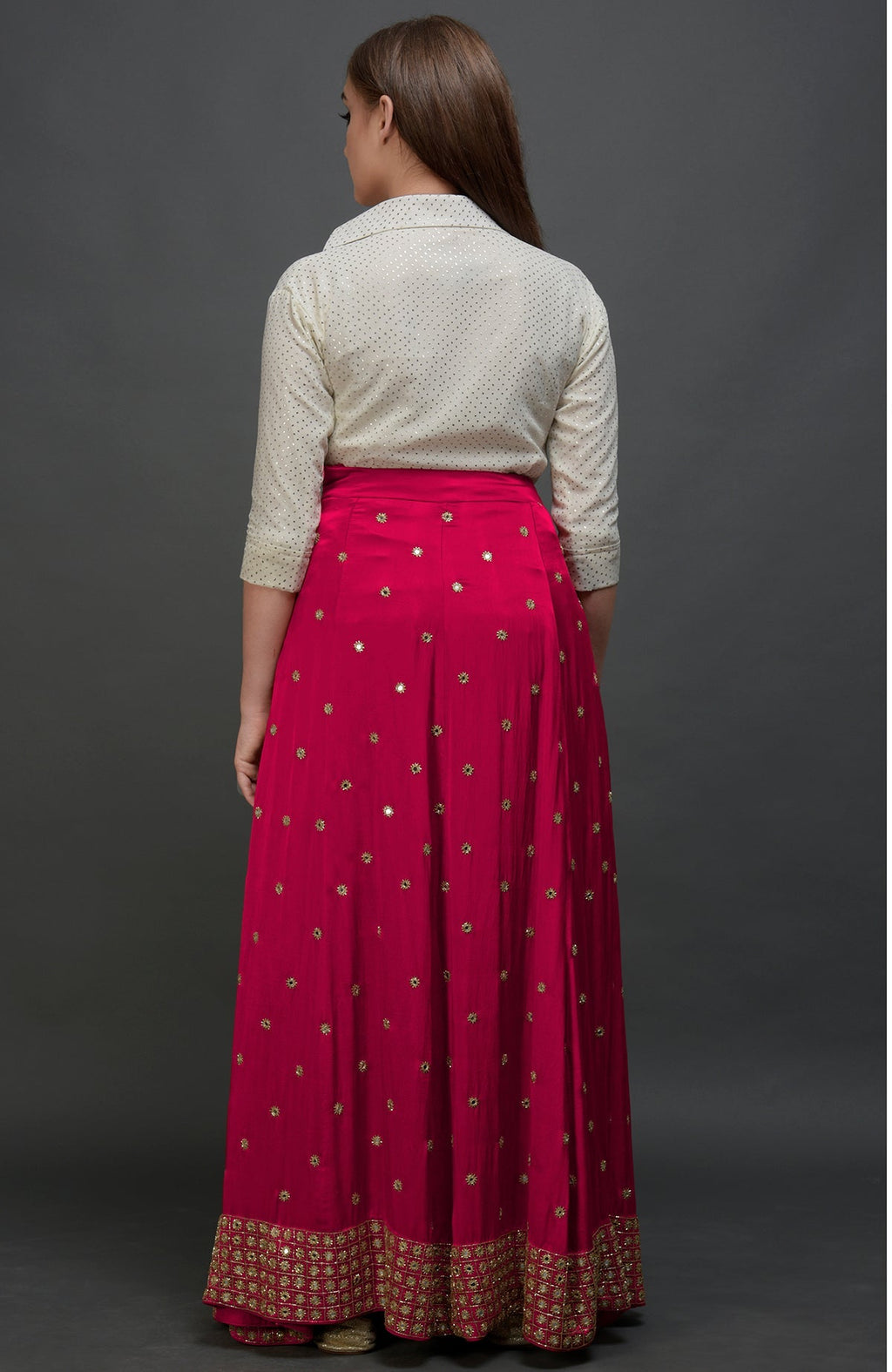 Royal red lehenga skirt with mirror and zardozi hand embroidery and fitted waist with side zip.