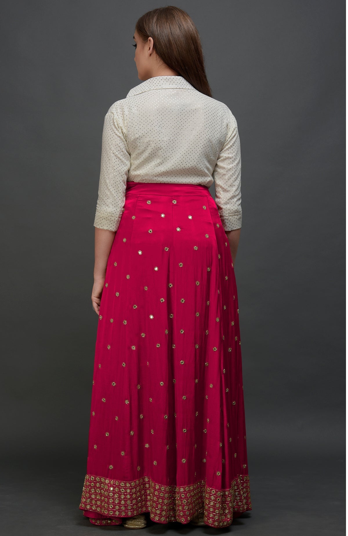 Royal red lehenga skirt with mirror and zardozi hand embroidery and fitted waist with side zip.