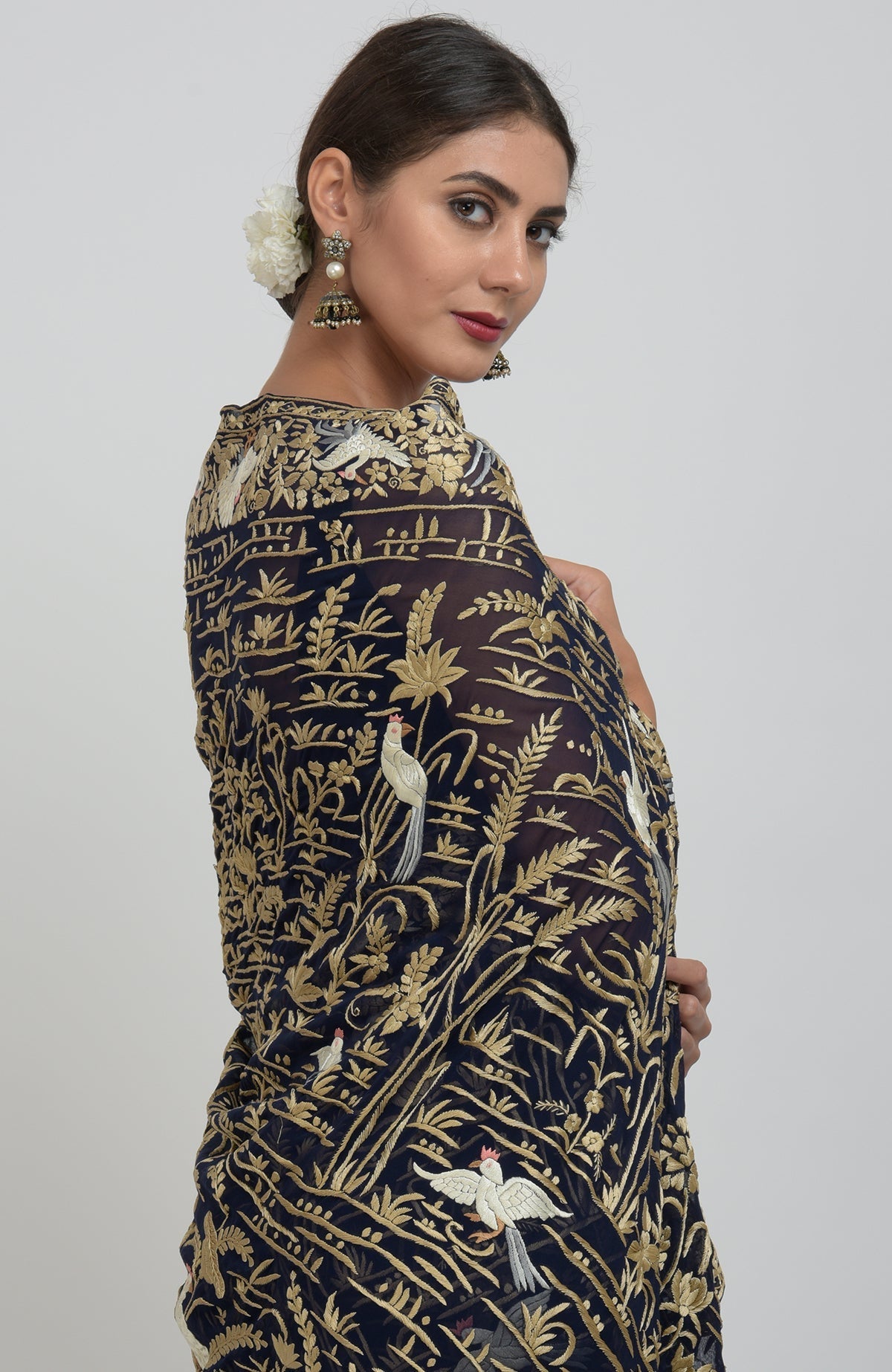 Midnight blue Parsi Gara hand embroidered saree with birds and floral motifs.