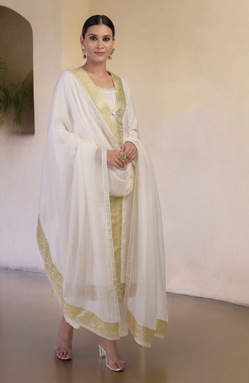 Ivory gold Banarasi handwoven overlay set with a matching dupatta and pants.