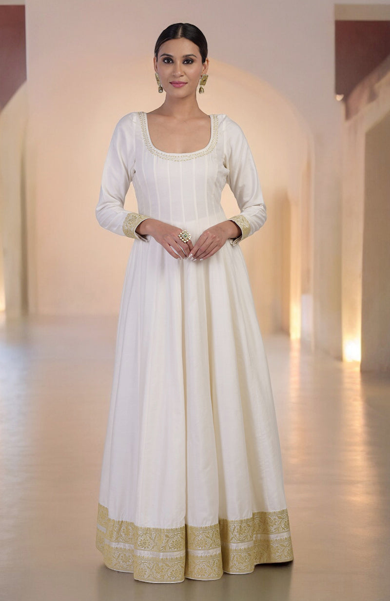 Anarkali set with a scoop neck, long sleeves, and gold Banarasi borders.