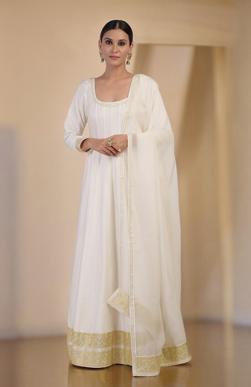 Ivory gold Banarasi handwoven Anarkali set with a scoop neck and long sleeves.