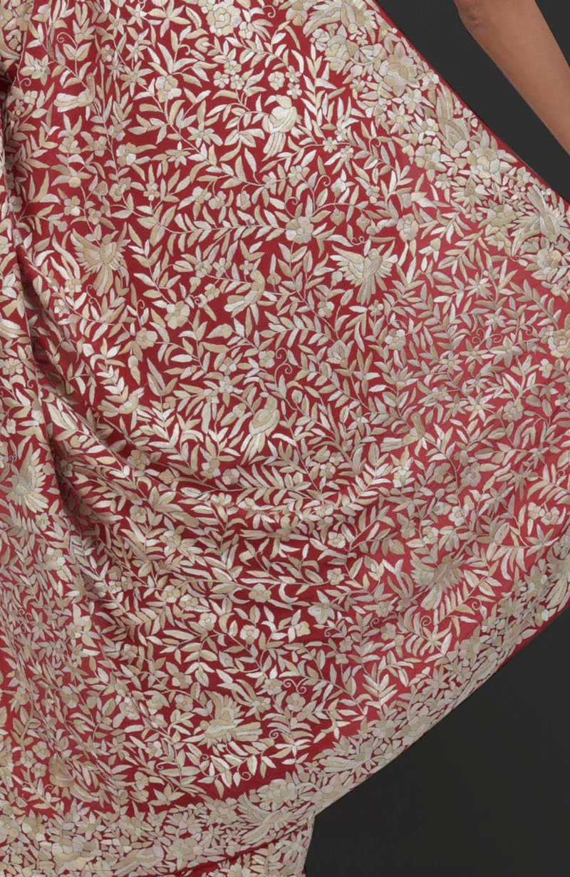 Red Parsi Gara hand-embroidered pure crepe silk saree with floral and bird motifs.