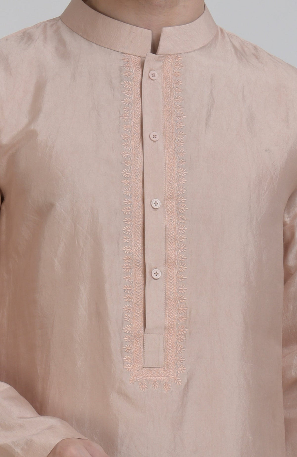 Oyster pink silk kurta with an embroidered placket and band collar.