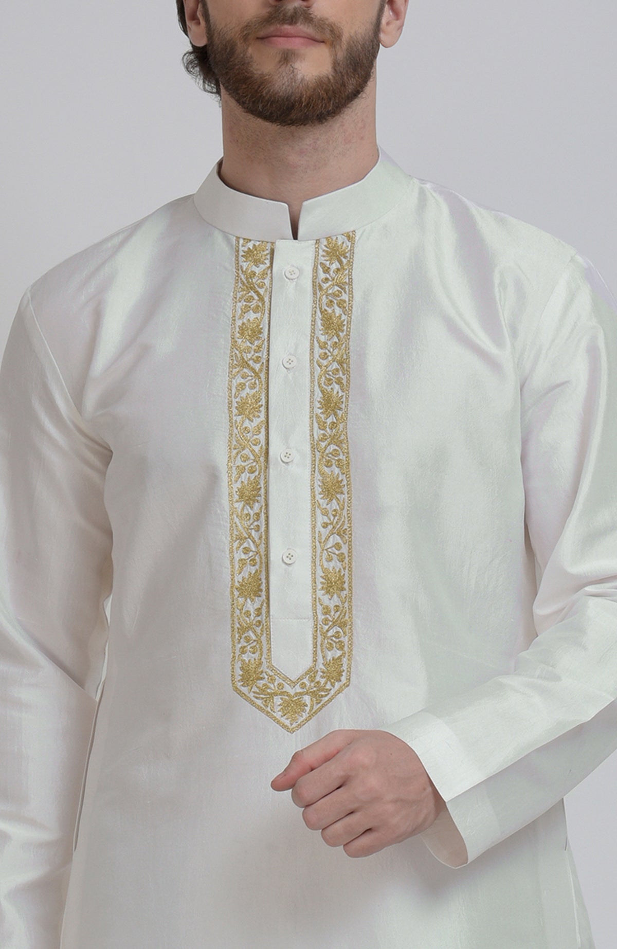 Ivory silk kurta with gold tilla embroidered placket detail.