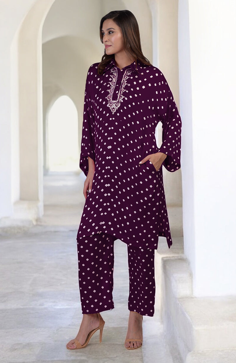 Plum bandhej co-ord set with embroidery on the placket and matching pants.