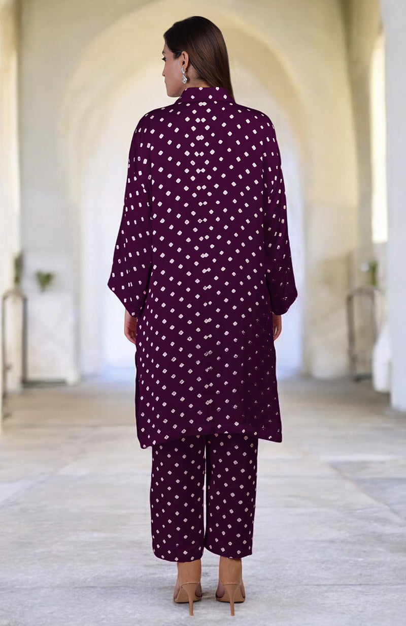 Plum bandhej embroidered co-ord set with matching pants.