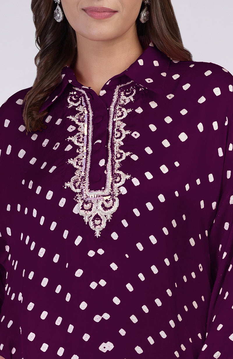 Plum bandhej co-ord set with white polka dots and intricate embroidery on the placket.