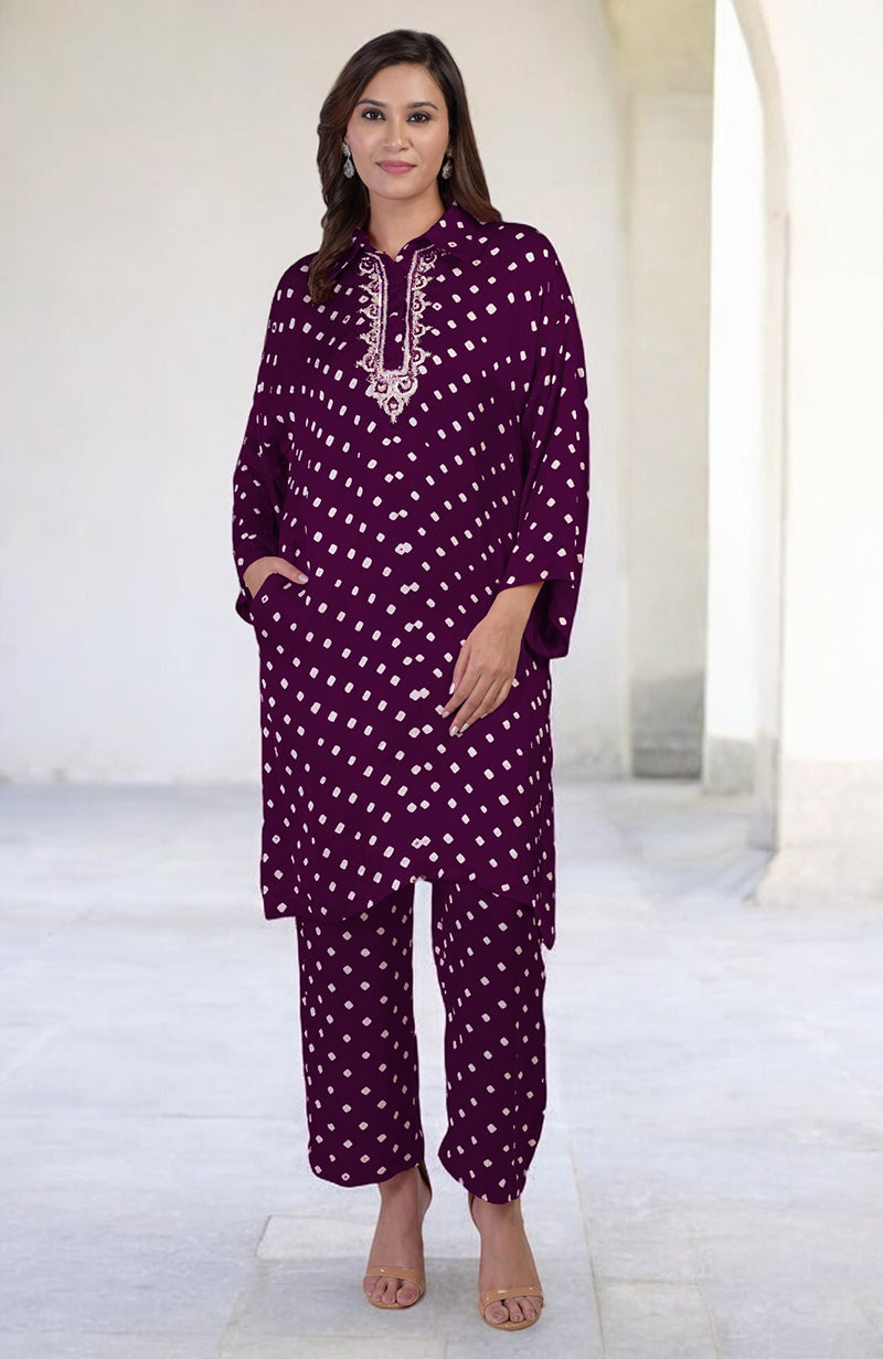 Charm Pink Bandhej co-ord set with embroidery and matching pants.