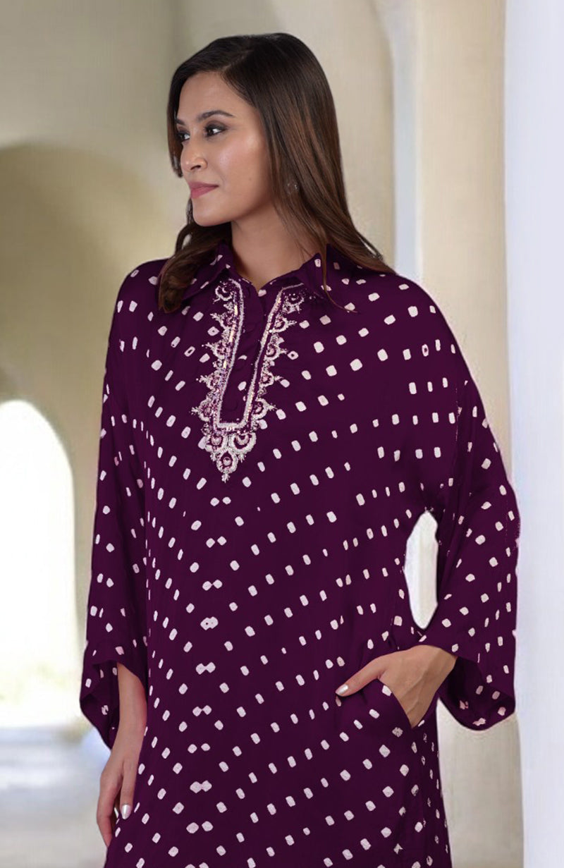 Plum bandhej co-ord set with embroidery along the placket.