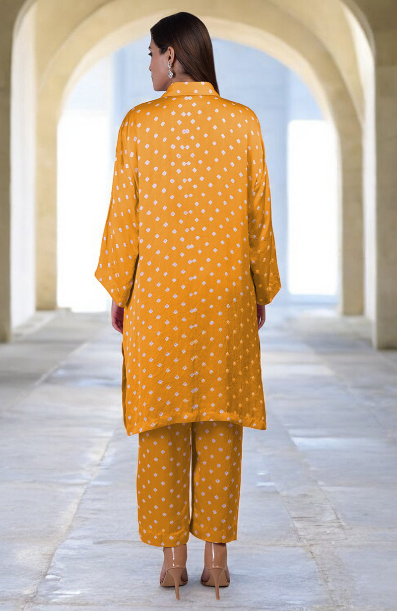 Turmeric yellow bandhej embroidered co-ord set with matching pants.