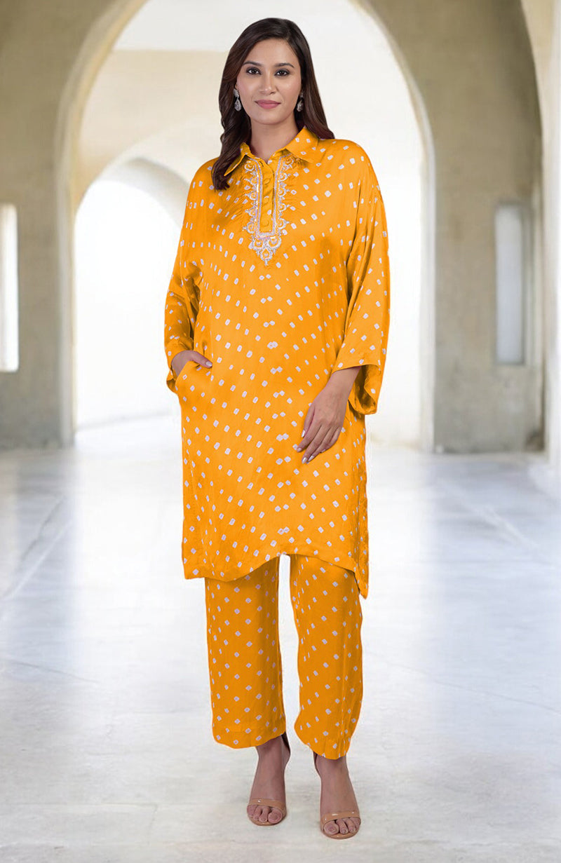 Plum handcrafted bandhej embroidered co-ord set with matching pants.