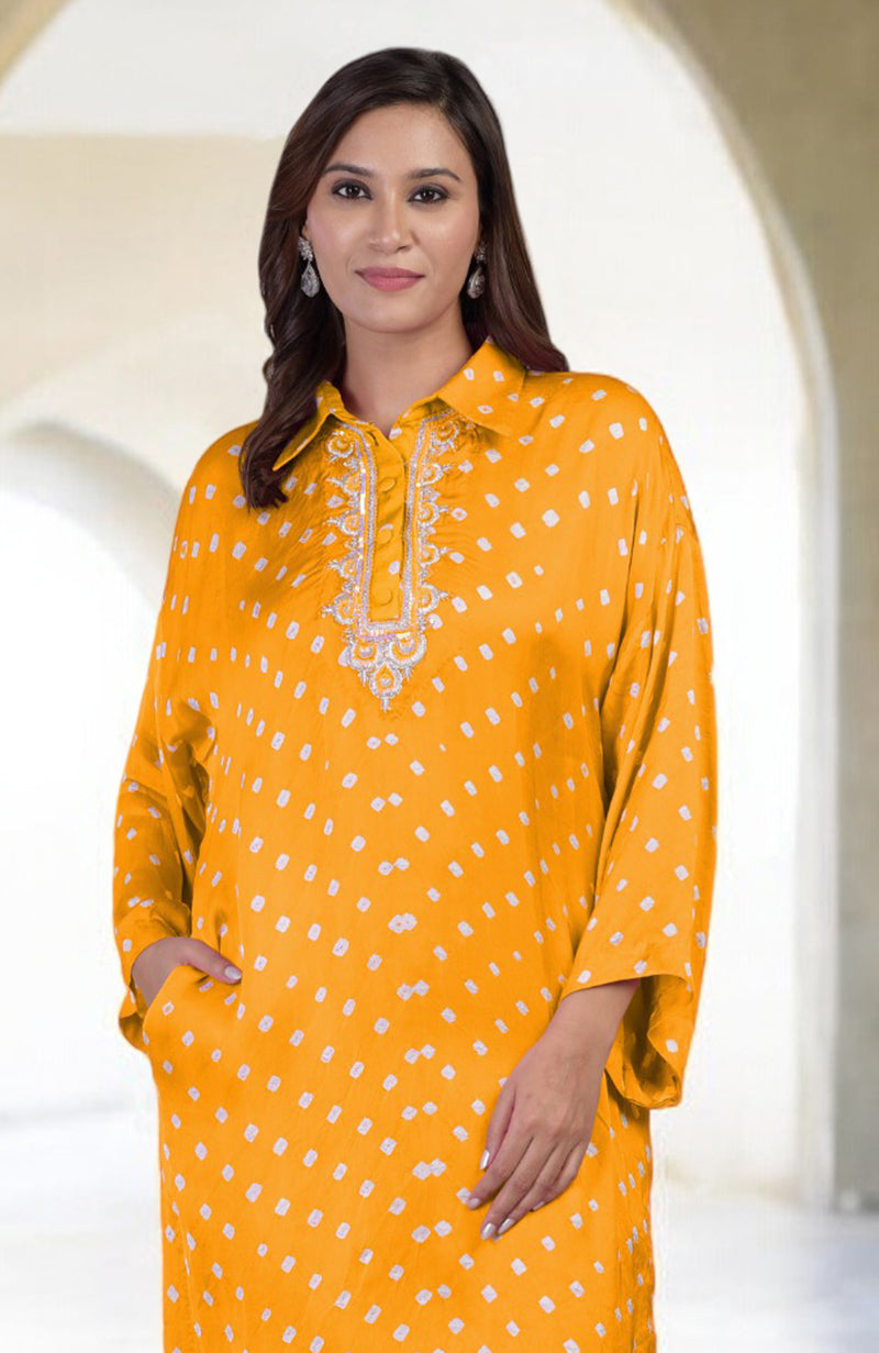 Turmeric yellow bandhej co-ord set with embroidery on the placket.