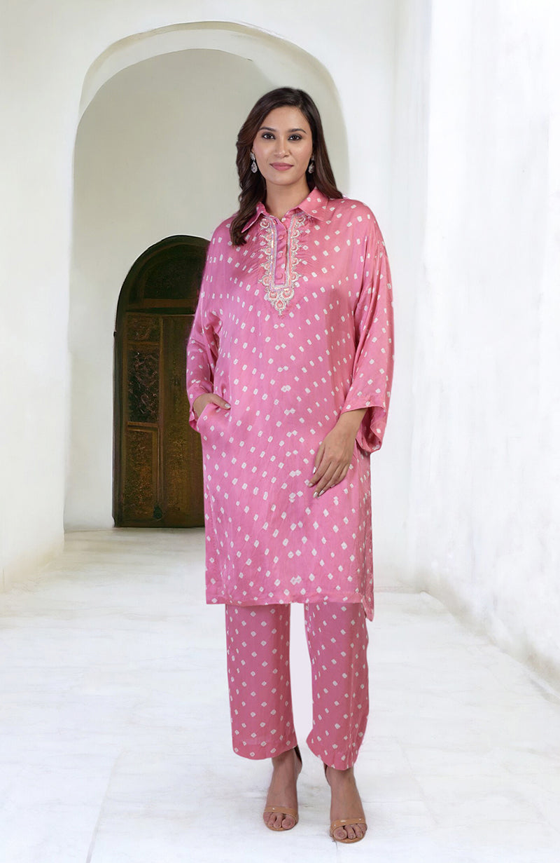 Charm Pink Bandhej Co-Ord Set with embroidery along the placket.