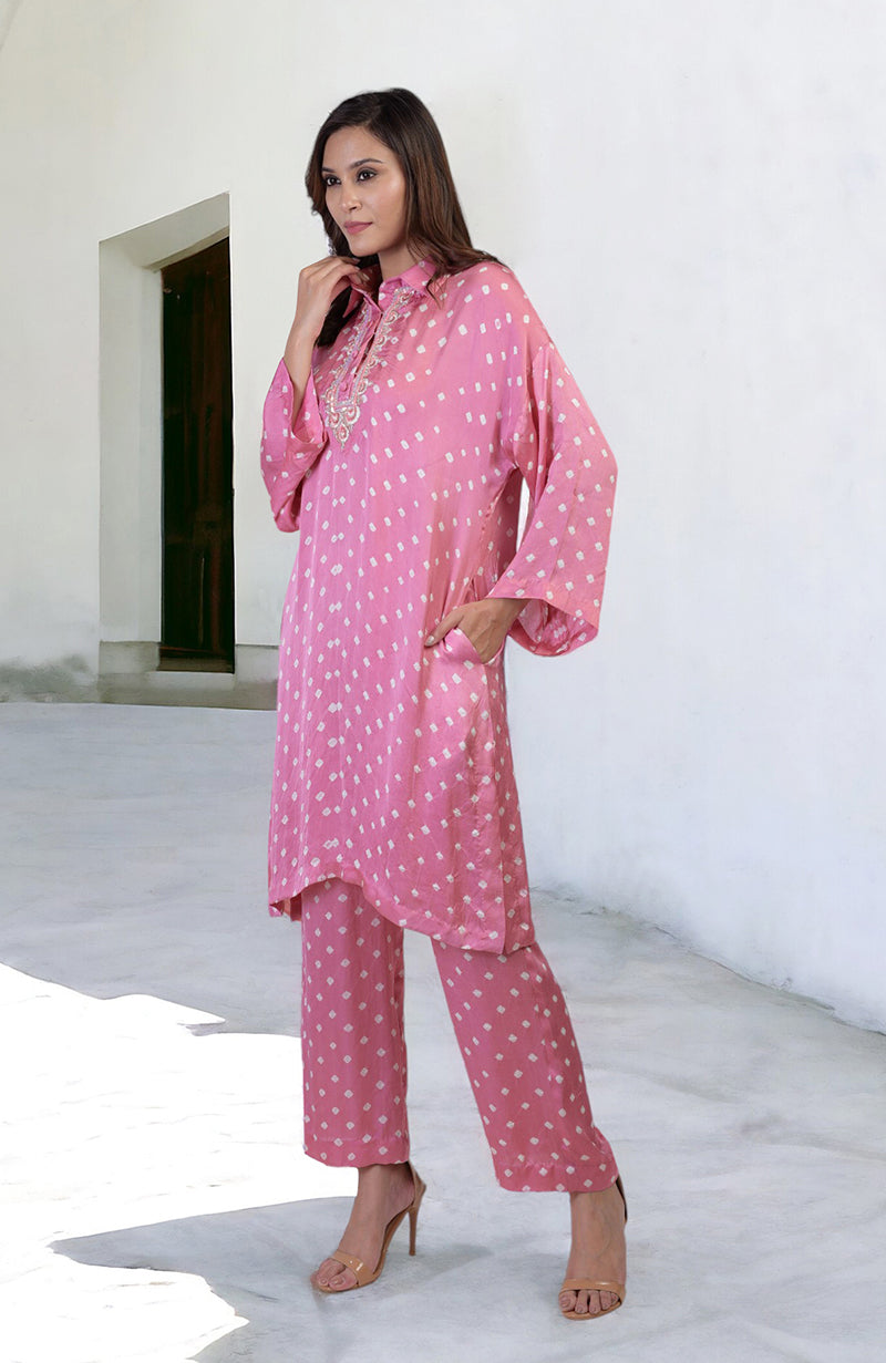 Charm Pink Bandhej co-ord set with embroidery along the placket and matching pants.