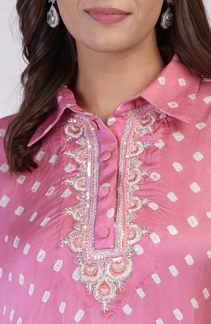 Charm pink bandhej co-ord set with intricate embroidery along the placket.