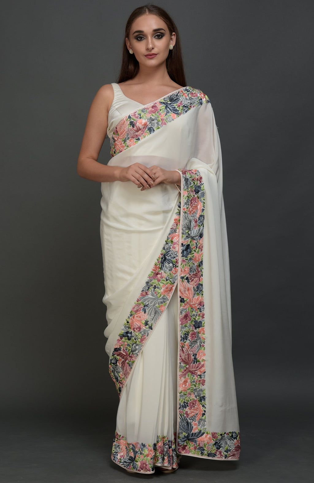 Ivory Parsi Gara hand embroidered saree with floral and bird motifs.