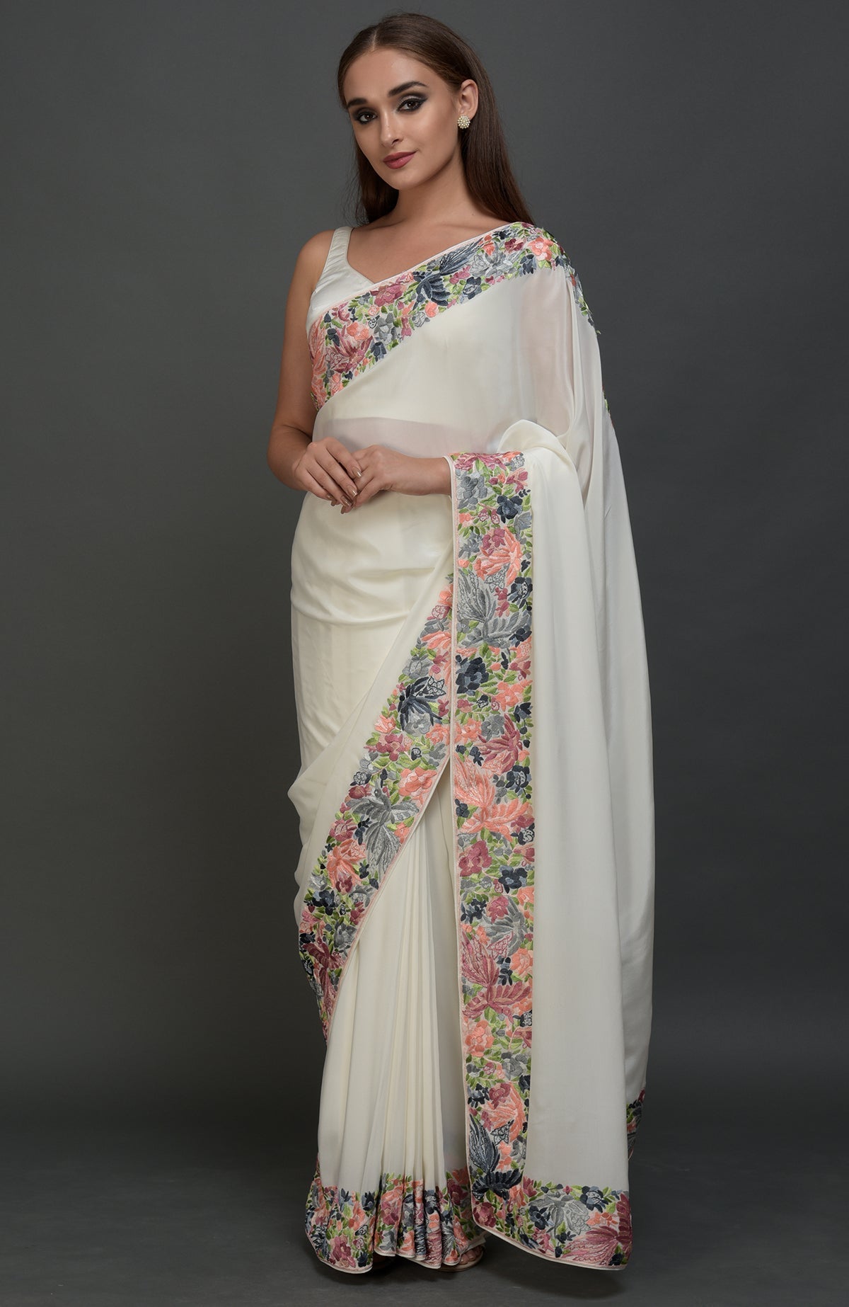 Ivory Parsi Gara hand embroidered saree with floral and bird motifs.