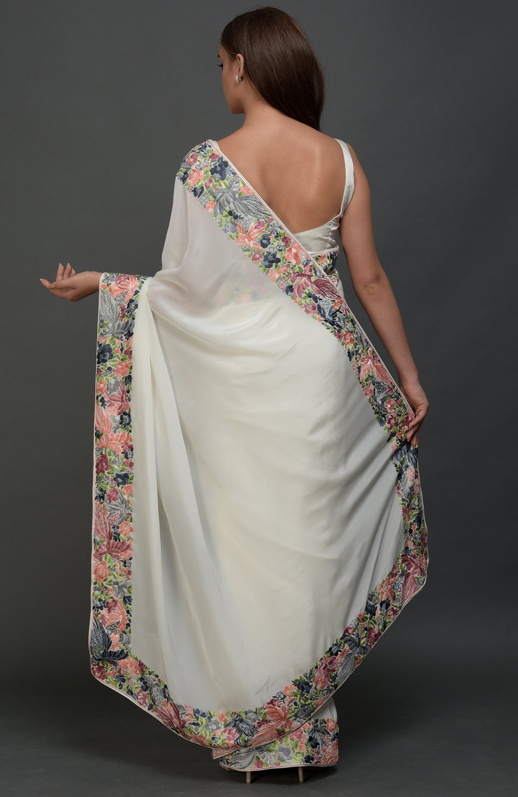 Ivory Parsi Gara hand embroidered saree with birds and floral borders.