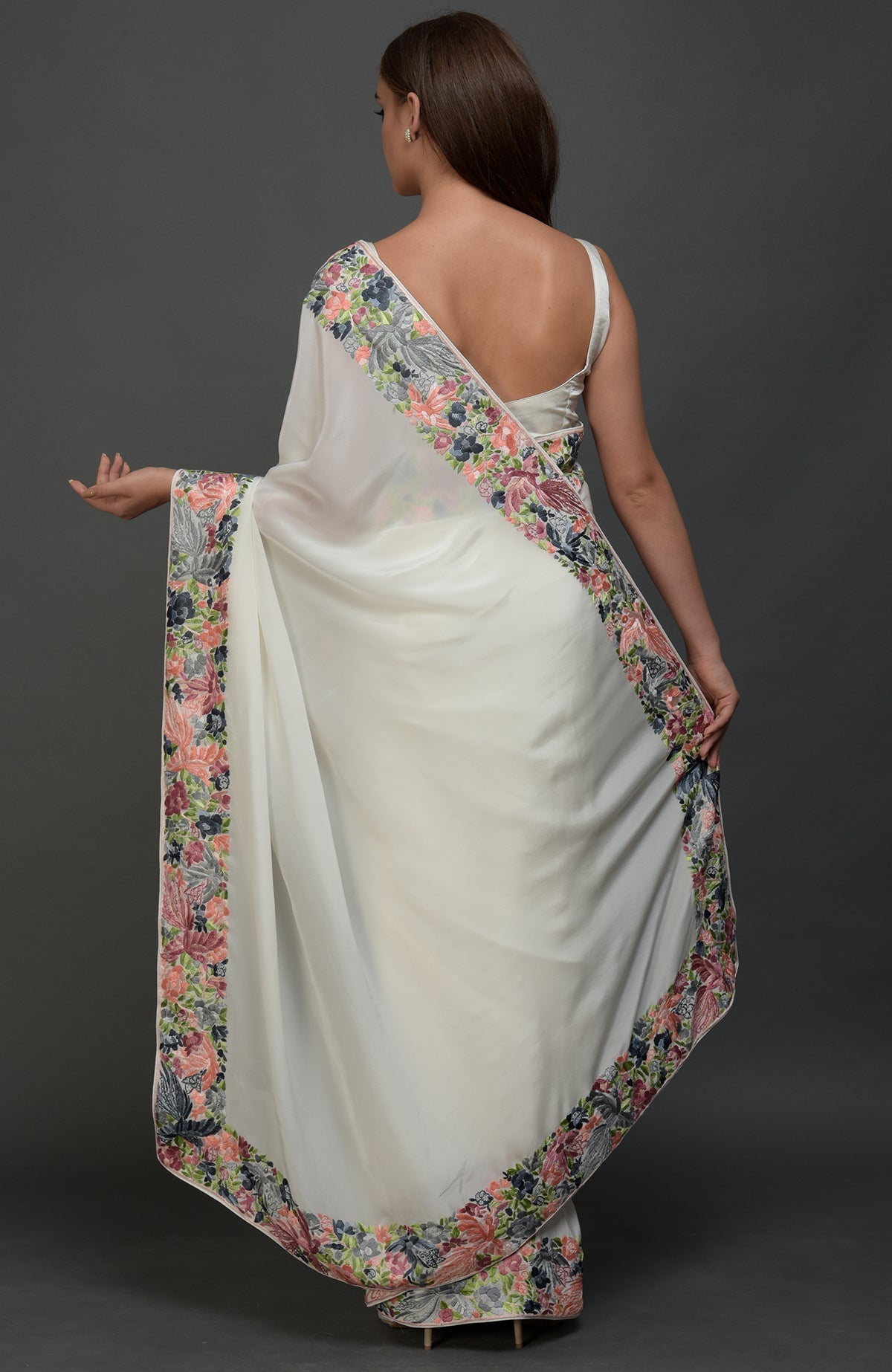 Ivory Parsi Gara hand embroidered saree with birds and floral borders.