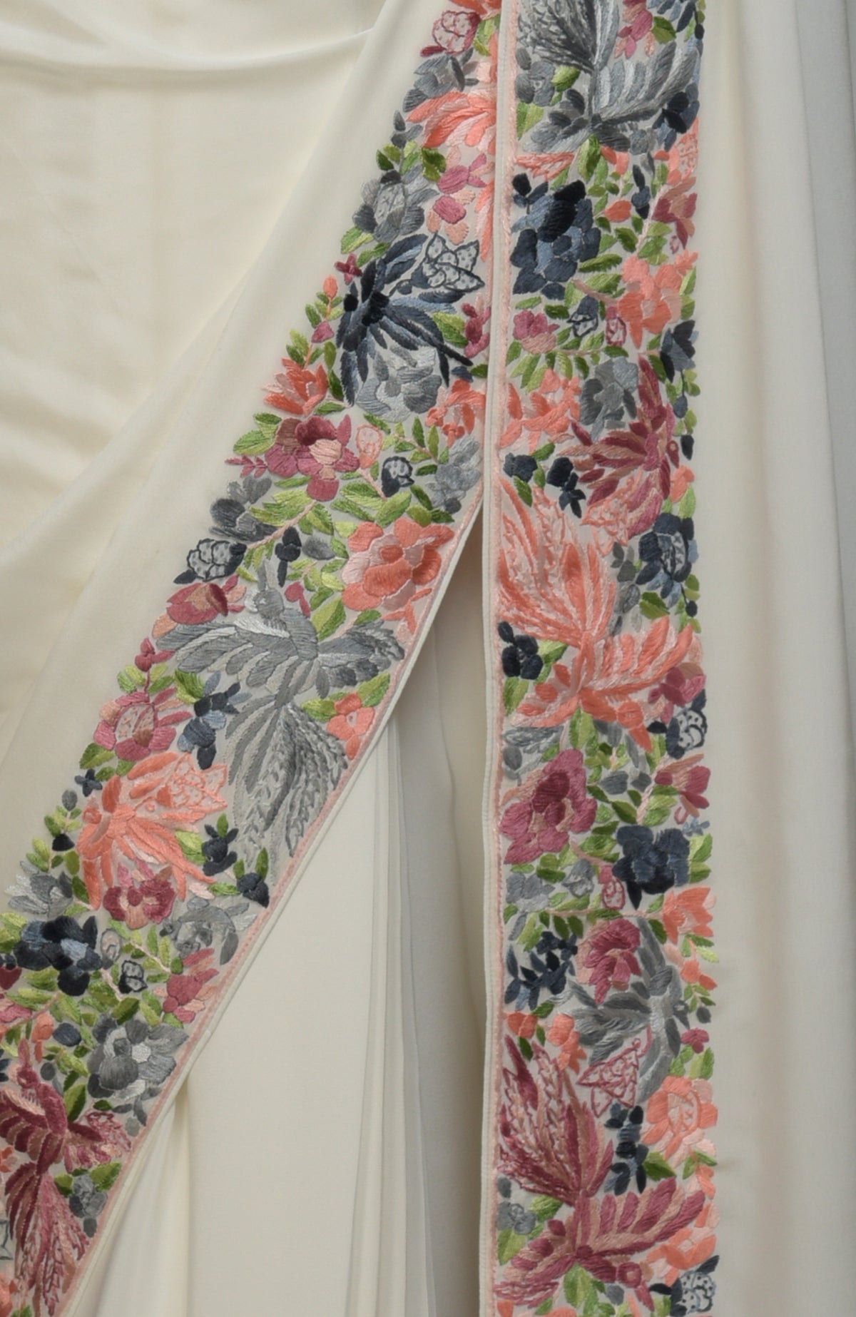 Ivory Parsi Gara hand-embroidered saree with birds and floral borders.
