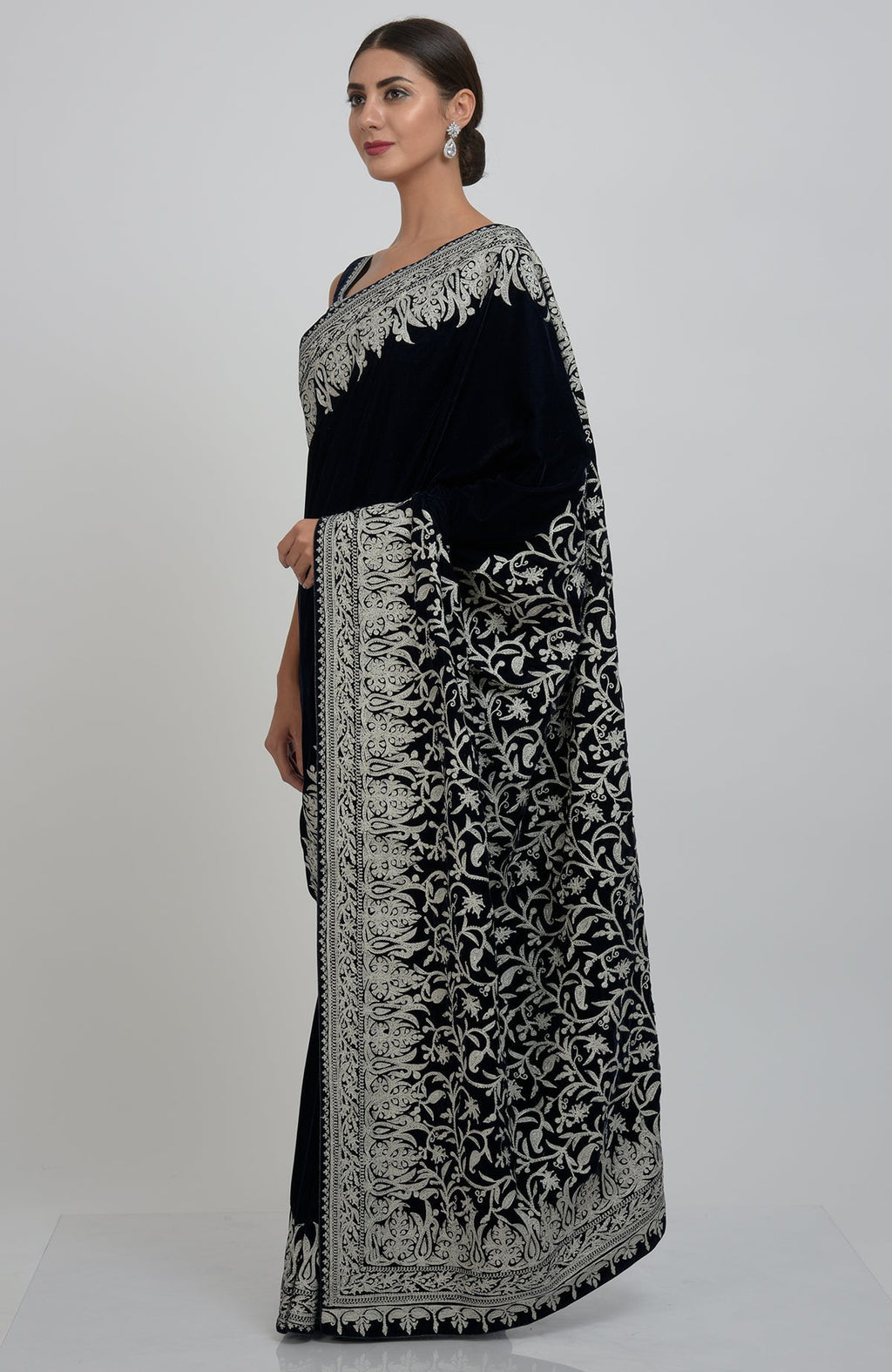 Midnight blue velvet saree with Kashmiri silver tilla aari embroidery.