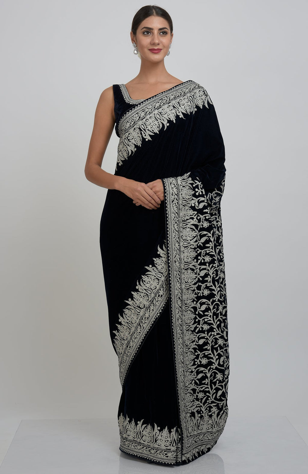 Midnight Blue Kashmiri Silver Tilla Aari Embroidered Velvet Saree.