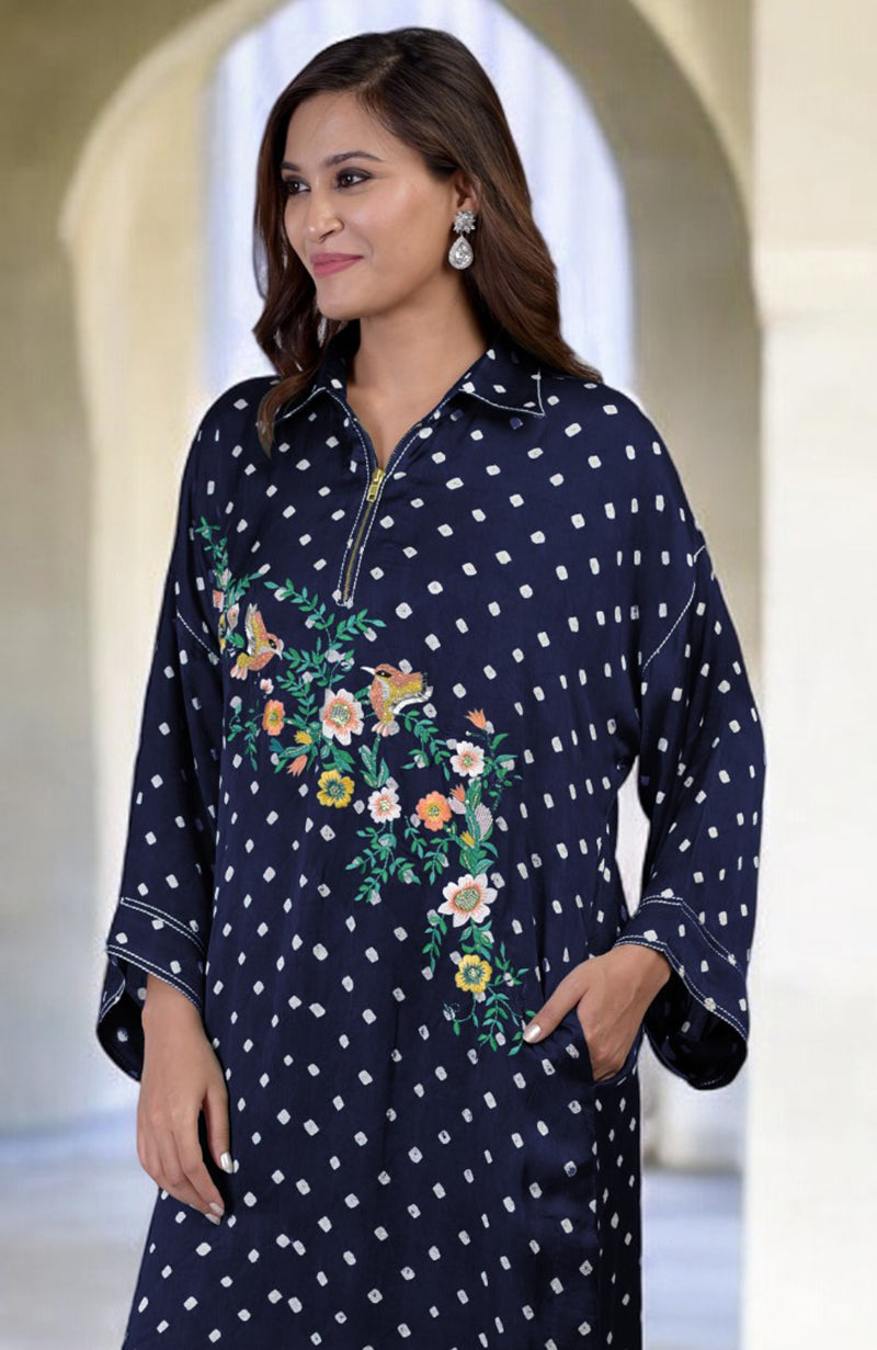 Navy blue bandhej co-ord set with multi-color embroidery and a zipper neckline.