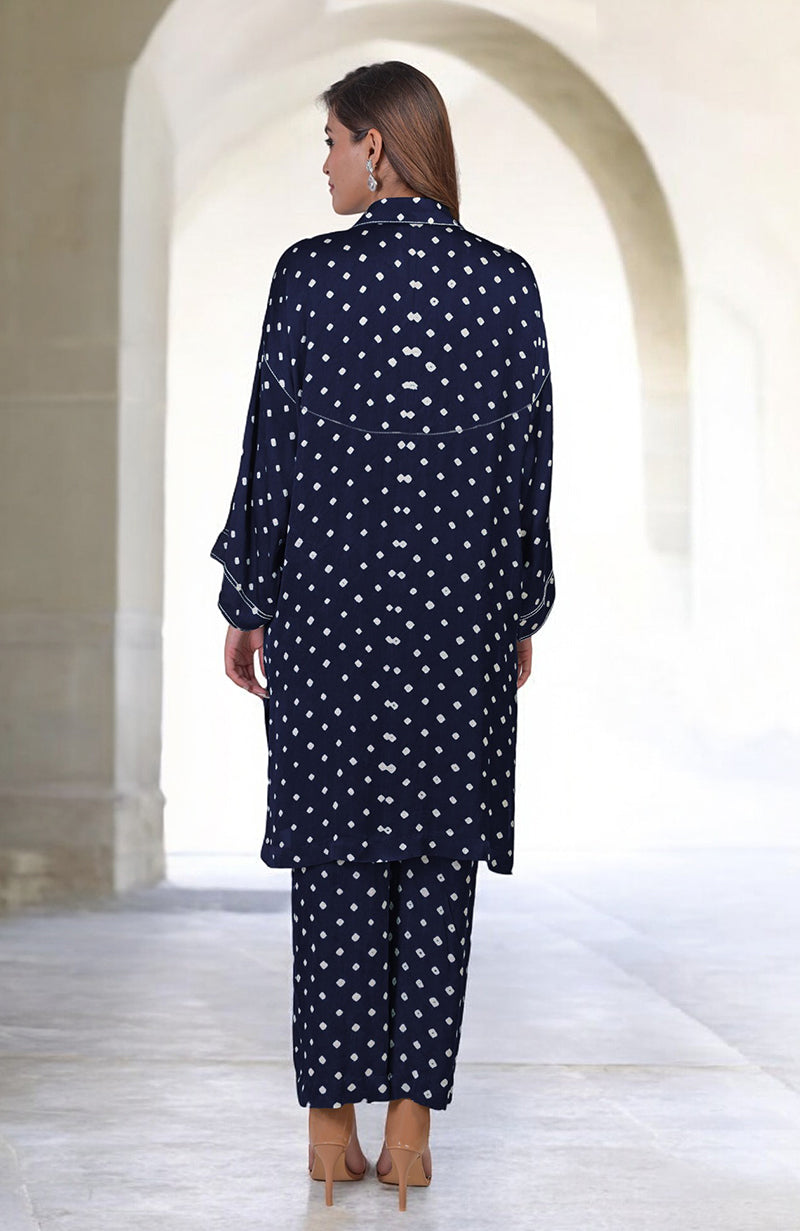 Navy blue handcrafted bandhej embroidered co-ord set with matching pants.