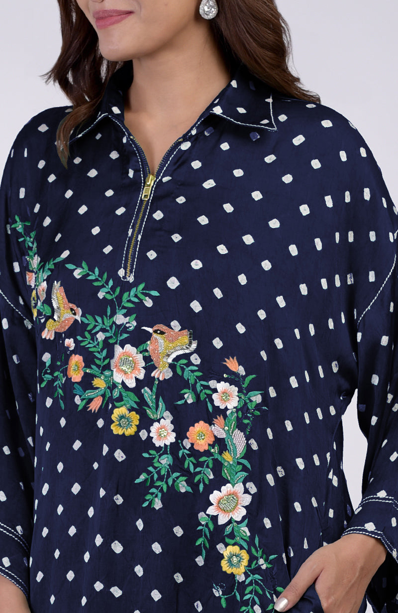 Navy blue bandhej co-ord set with multi-color floral and bird embroidery.