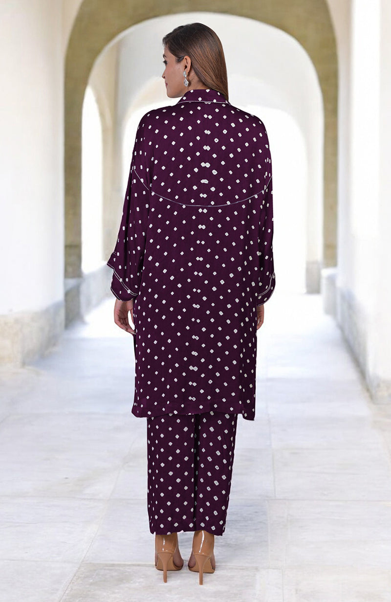 Plum handcrafted bandhej embroidered co-ord set with matching pants.