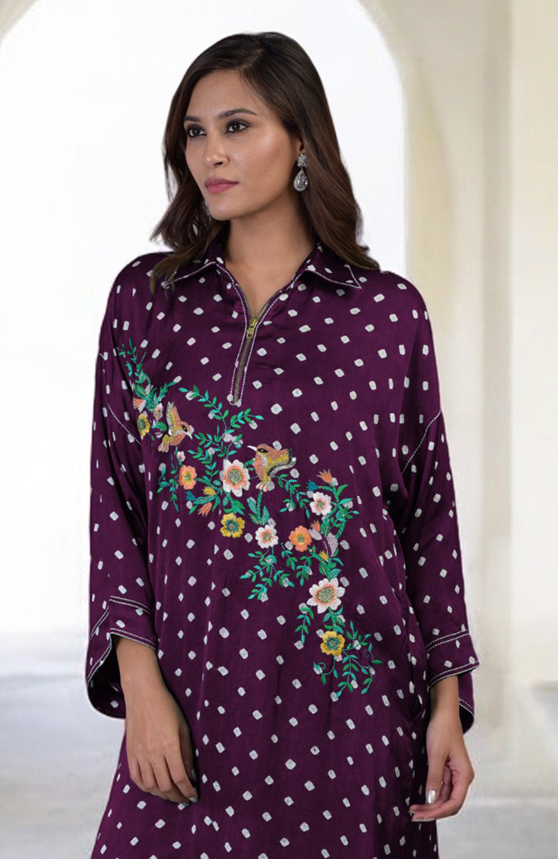 Plum bandhej co-ord set with multi-color embroidery and a zipper neckline.