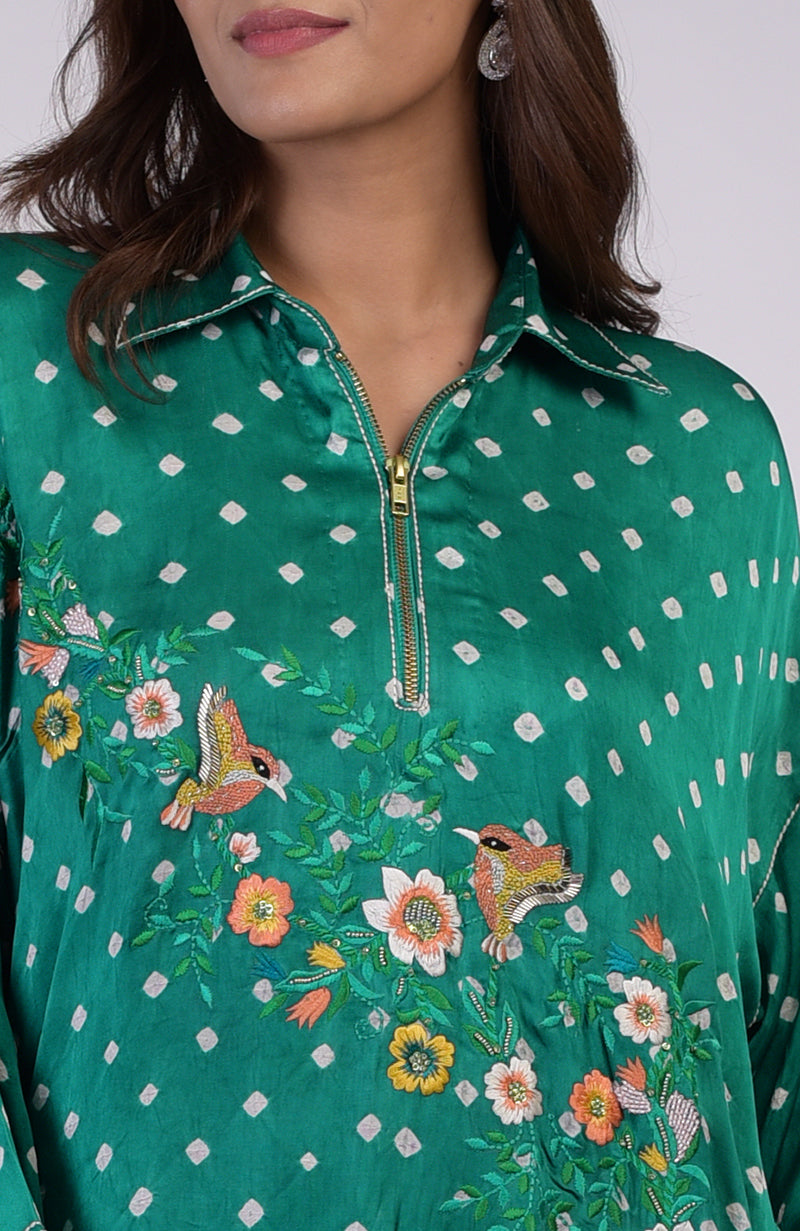 Emerald green co-ord set with bandhej print, embroidery, and a partial zipper.