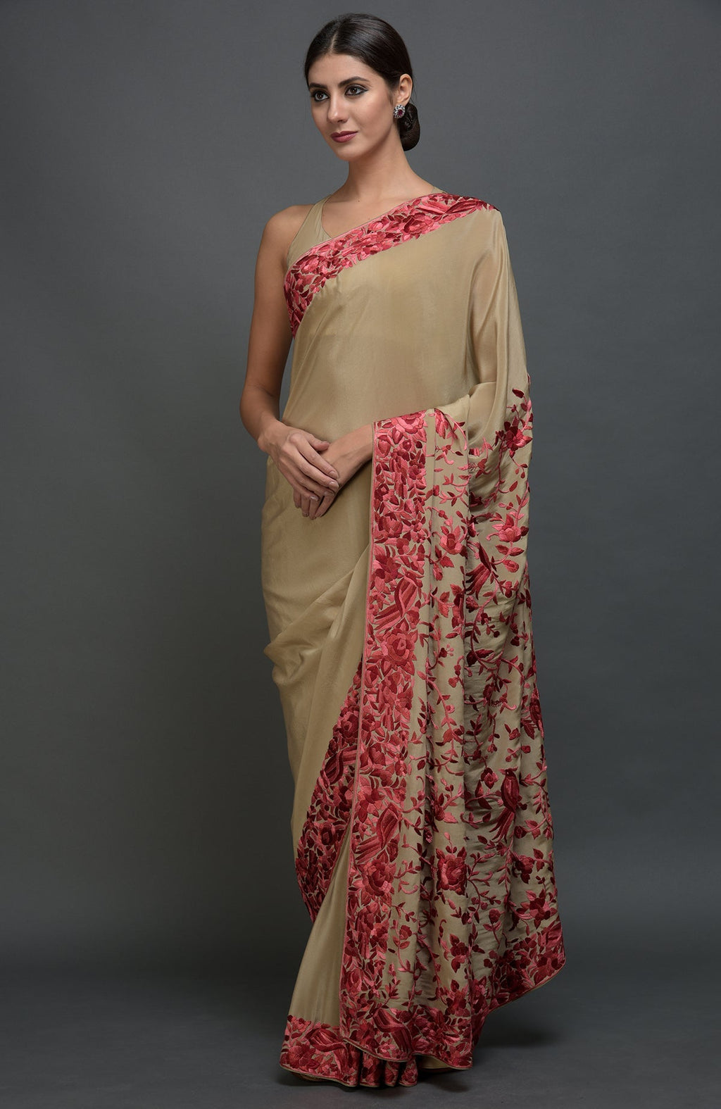 Beige Parsi Gara hand embroidered saree with floral-bird motifs.
