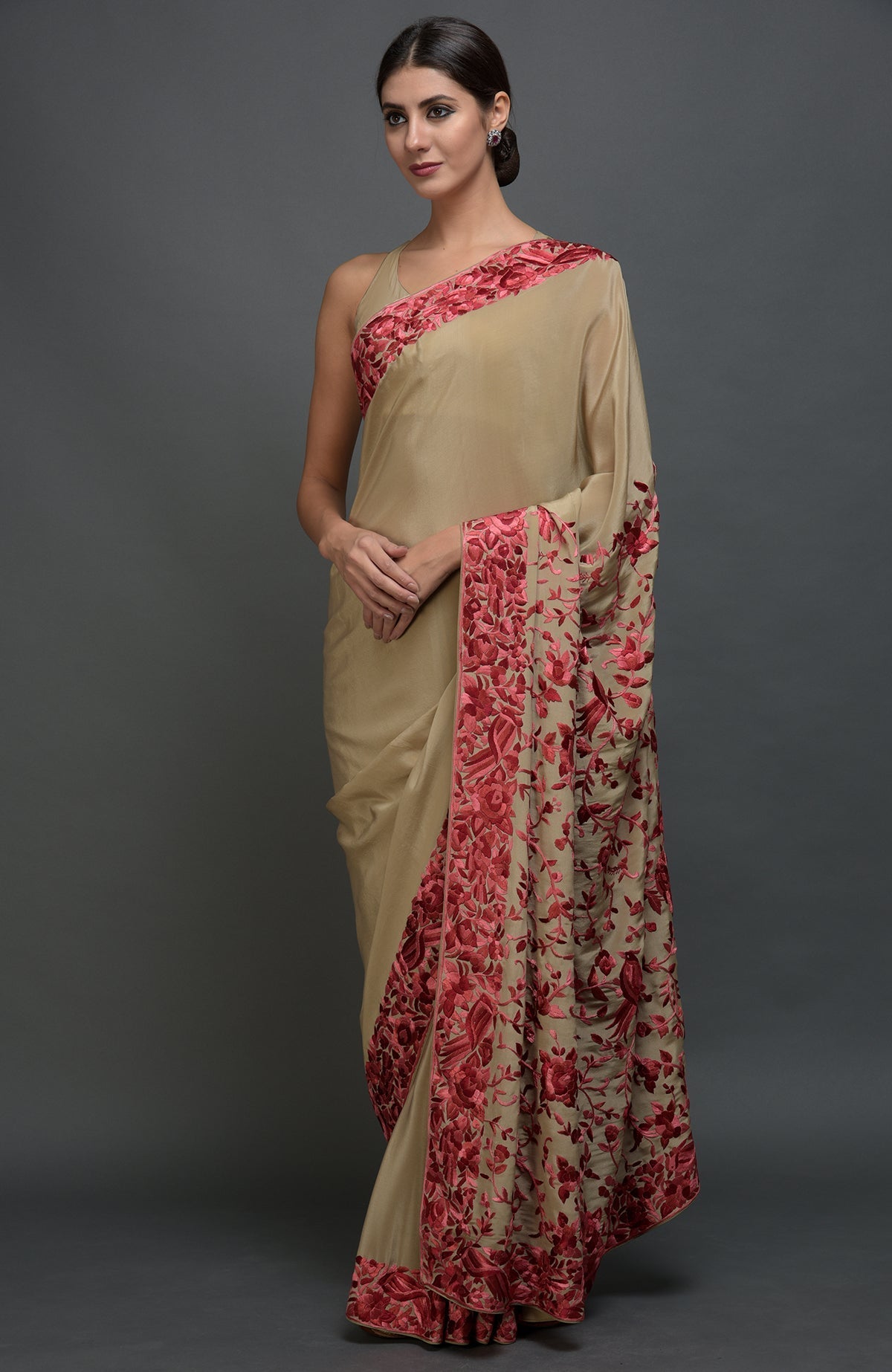 Beige Parsi Gara hand embroidered saree with floral-bird motifs.