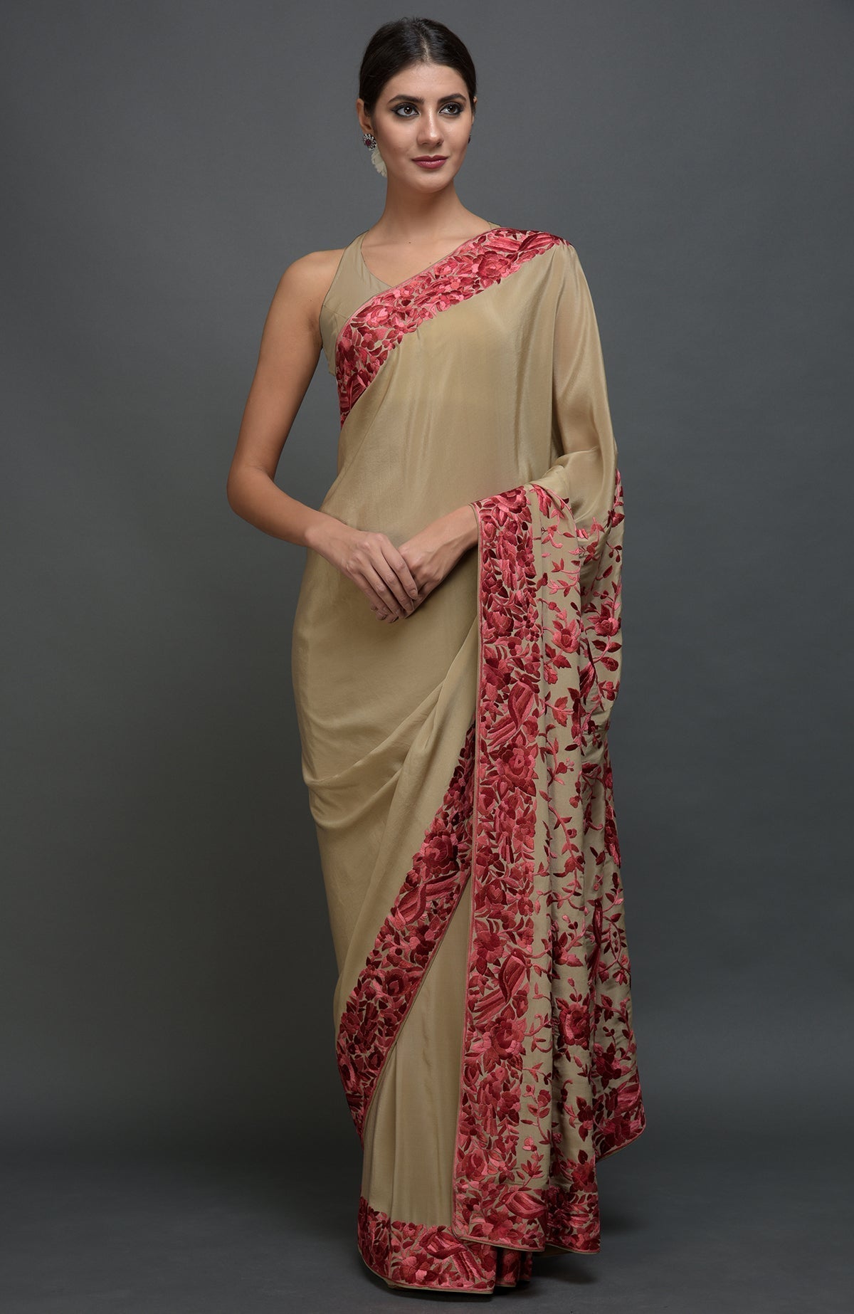Beige Parsi Gara hand embroidered saree with floral-bird motifs.