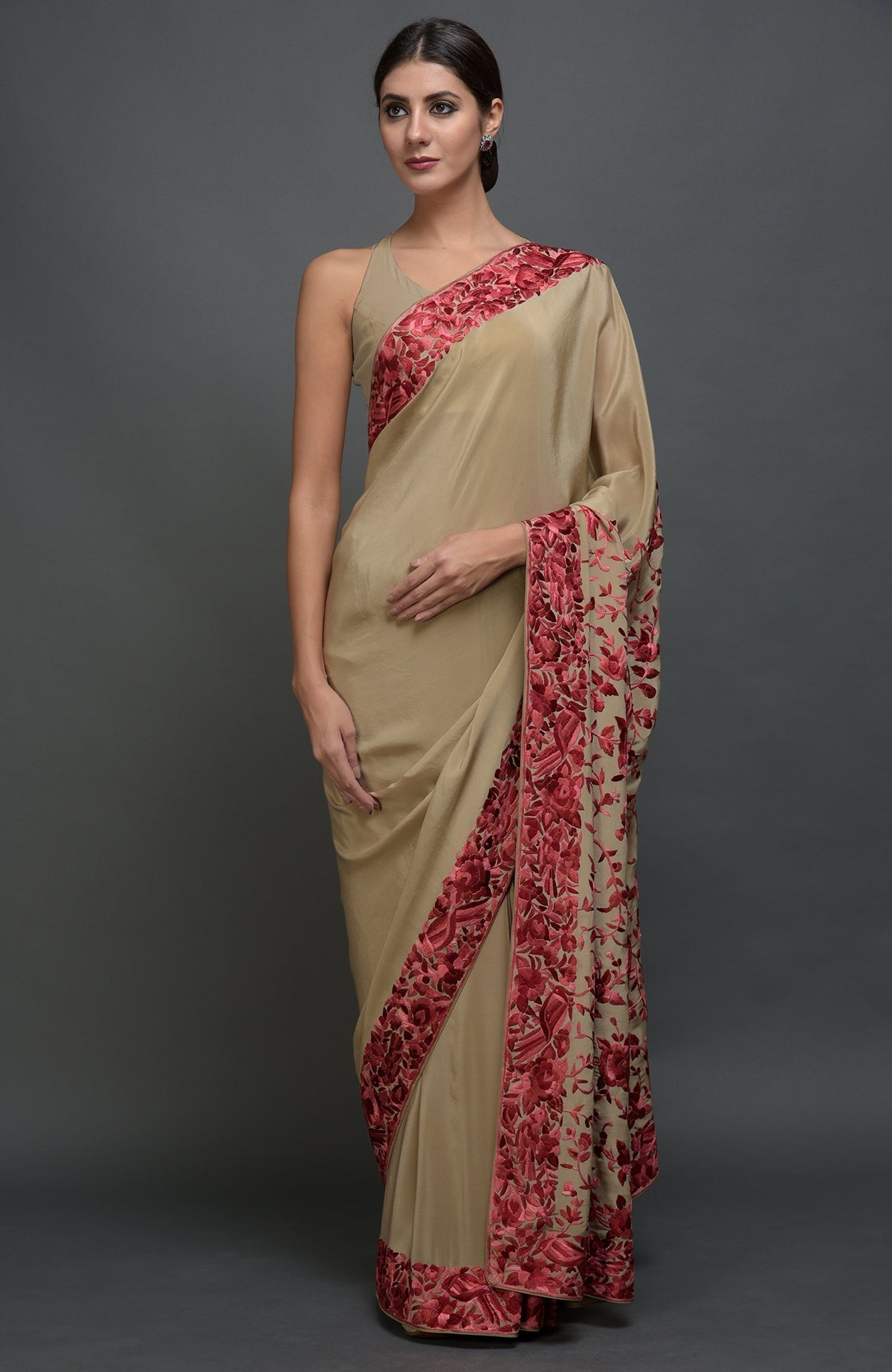 Beige Parsi Gara hand embroidered saree with floral-bird motifs.