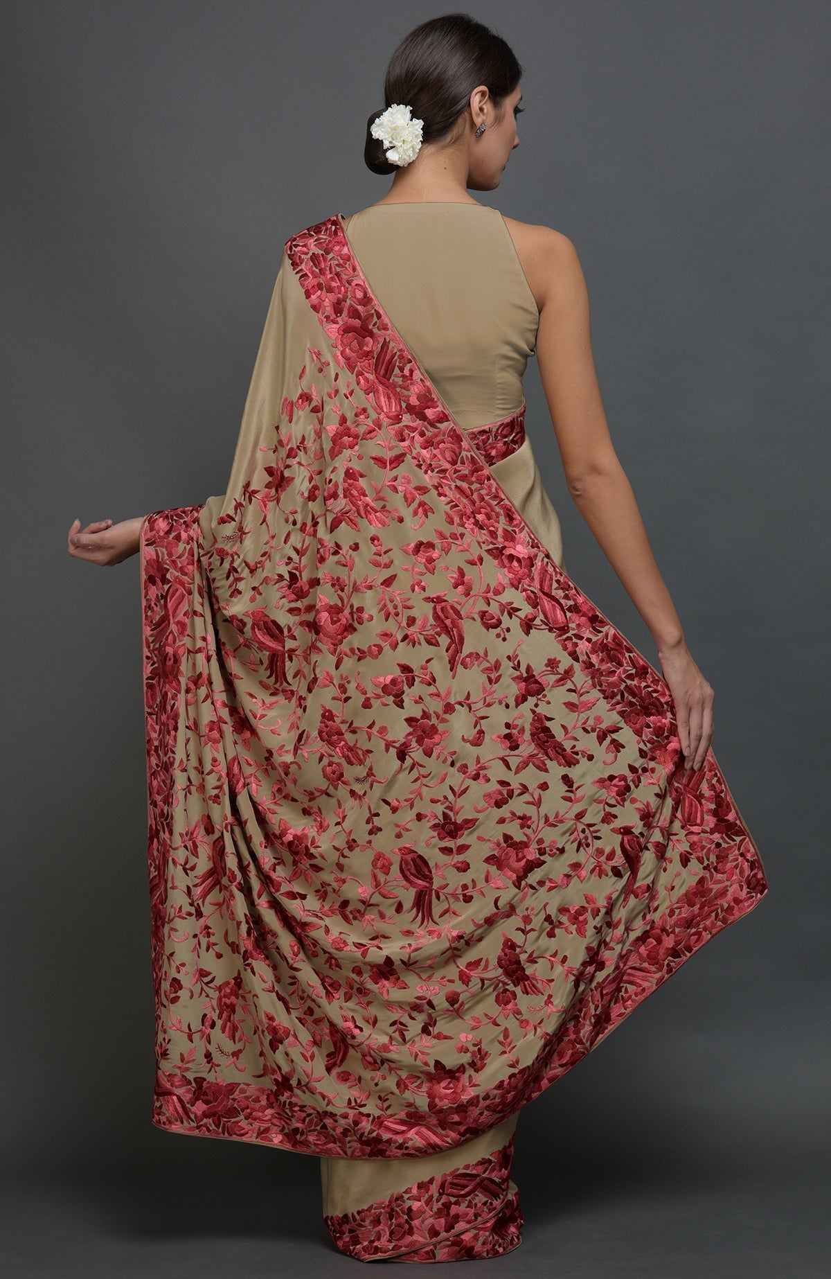 Beige Parsi Gara hand embroidered saree with floral-birds design.