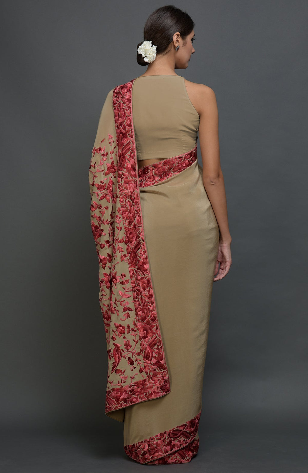 Beige Parsi Gara hand embroidered saree with floral-bird motifs.