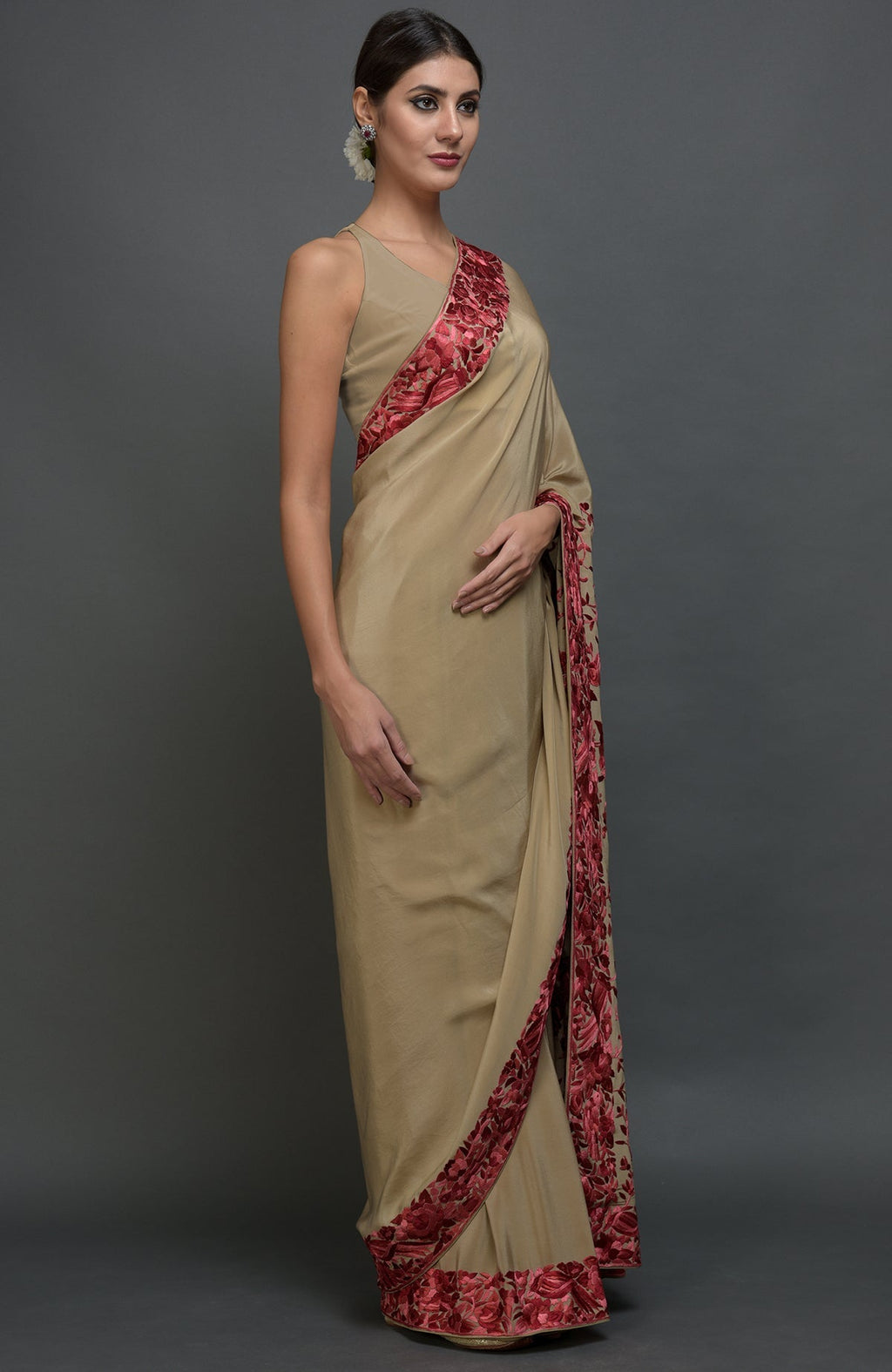Beige Parsi Gara hand embroidered saree with floral-birds on pallav and borders.